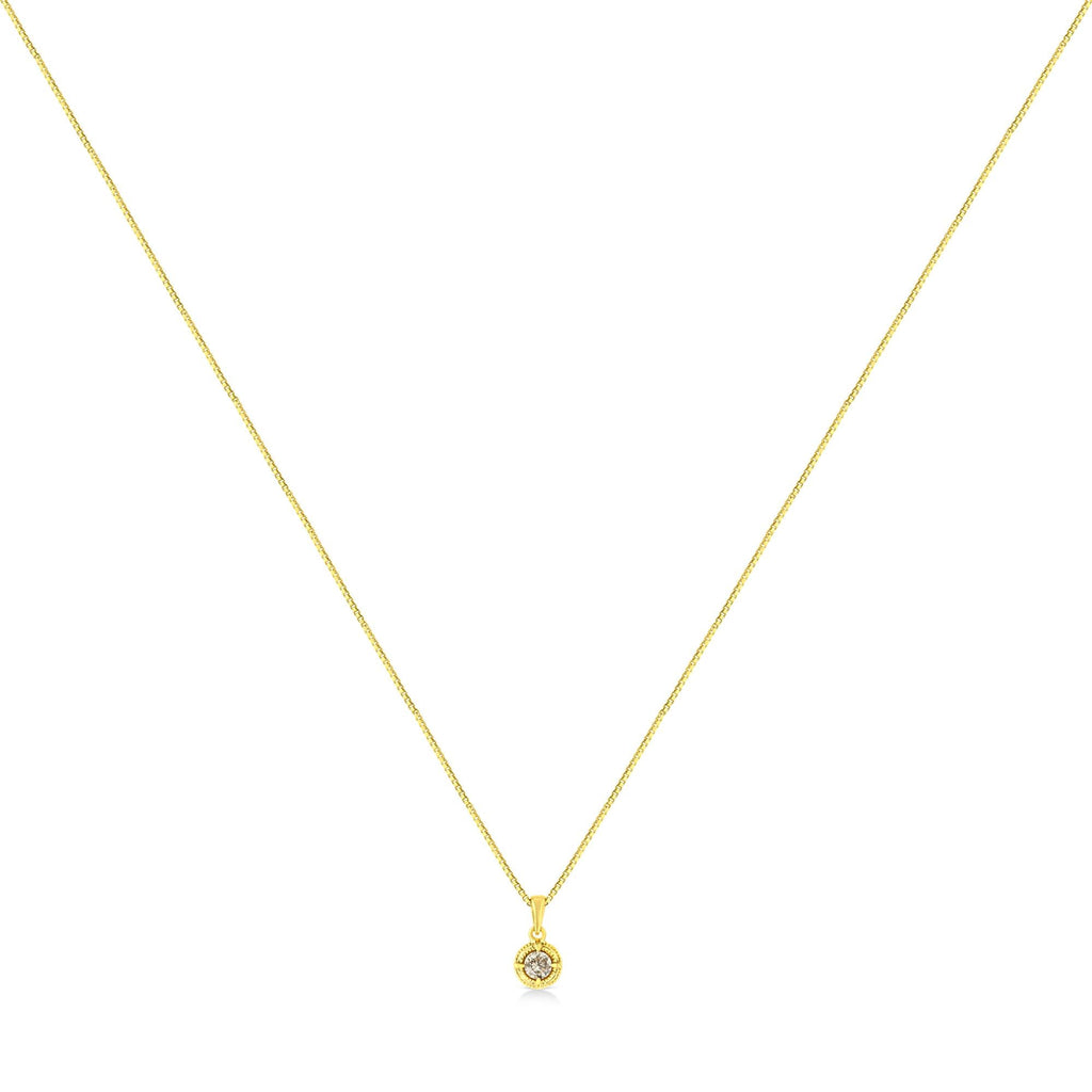 14K Yellow Gold Plated .925 Sterling Silver Brilliant Round Cut Diamond Solitaire Milgrain 18" Pendant Necklace - Friggin Jewelry
