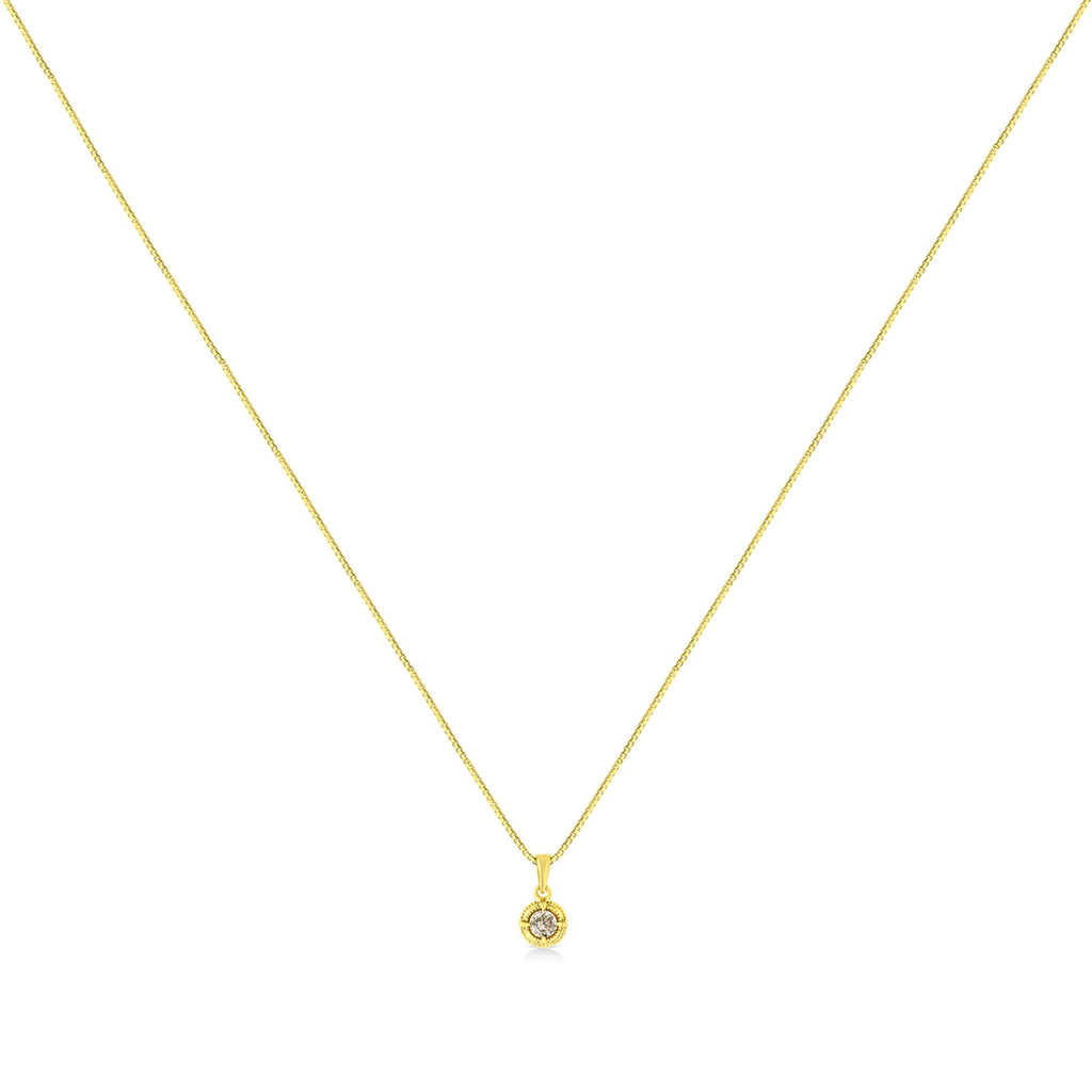 14K Yellow Gold Plated .925 Sterling Silver Brilliant Round Cut Diamond Solitaire Milgrain 18" Pendant Necklace - Friggin Jewelry
