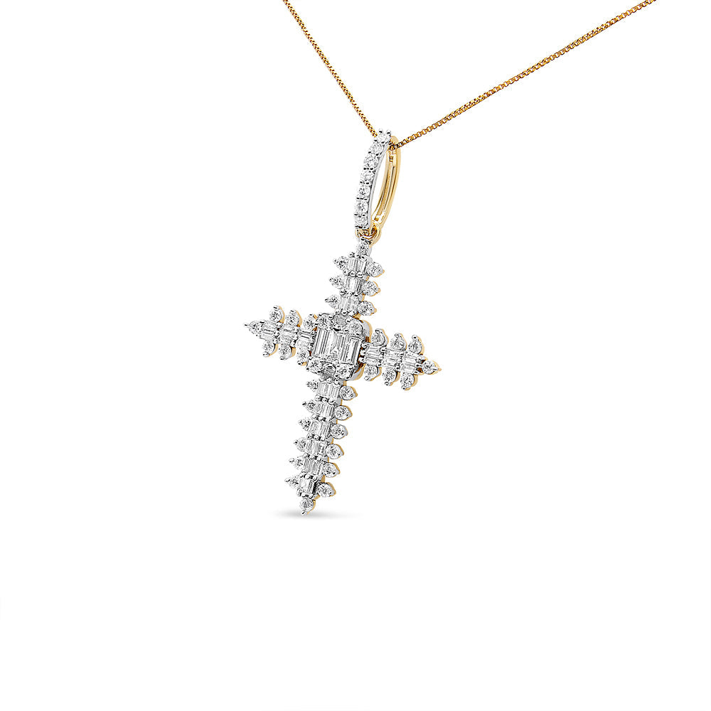 10K Yellow Gold 7/8 Cttw Round & Baguette Diamond Zigzag Pattern Cross Pendant Necklace (H-I Color, SI2-I1 Clarity) - Chain Not Included - Friggin Jewelry