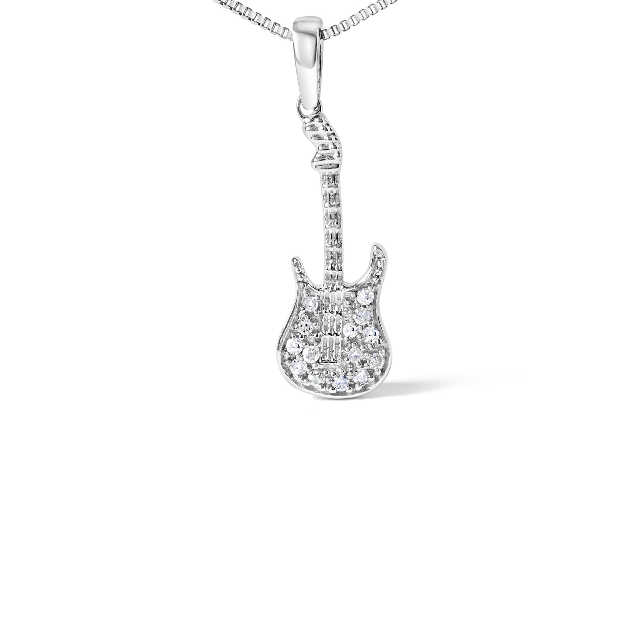 .925 Sterling Silver 1/10 Cttw Diamond Studded Guitar Pendant Necklace (I-J Color, I2-I3 Clarity) - 18" Inches - Friggin Jewelry