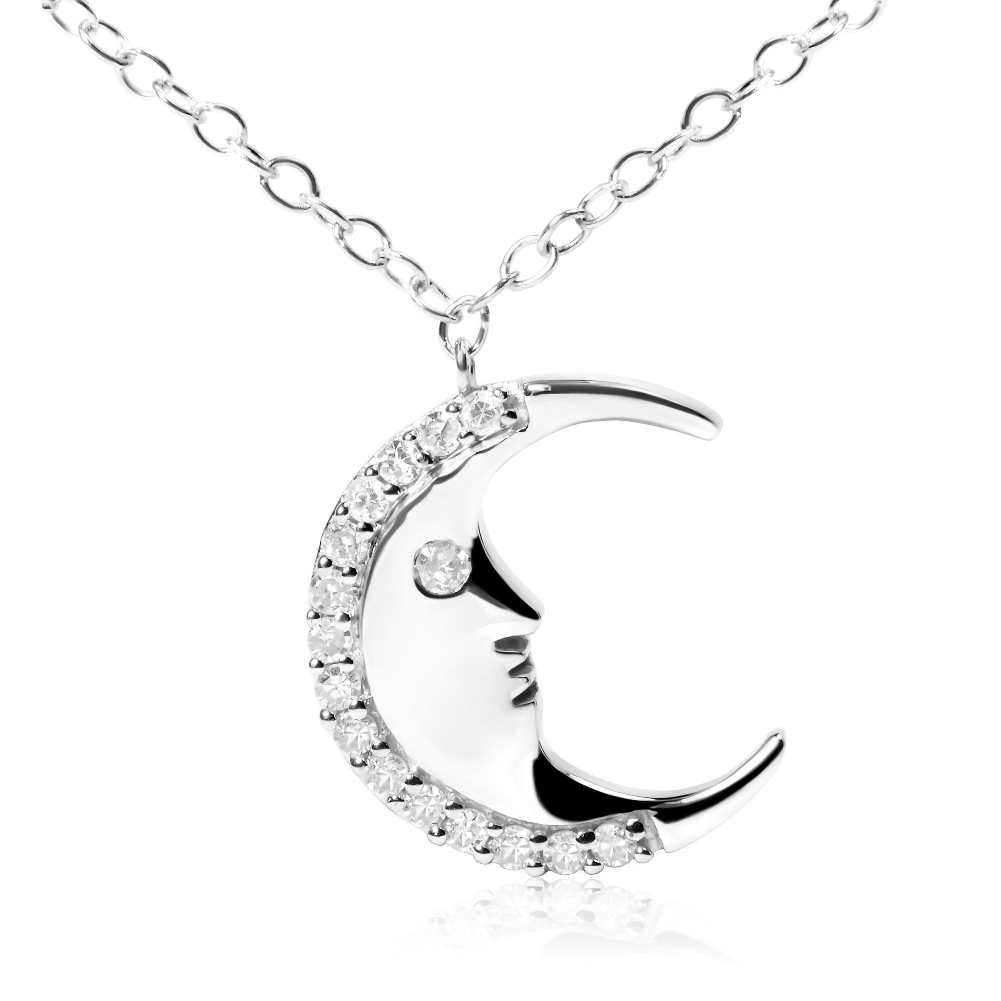 .925 Sterling Silver 1/10ct Diamond Crescent Man on the Moon 18" Pendant Necklace (H-I Color, SI1-SI2 Clarity) - Friggin Jewelry