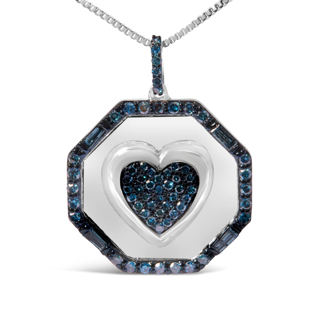 .925 Sterling Silver 5/8 Cttw Blue Diamond Mirror Plate with Heart and Diamond Halo 18" Pendant Necklace (Blue Color, I2-I3 Clarity) - Friggin Jewelry