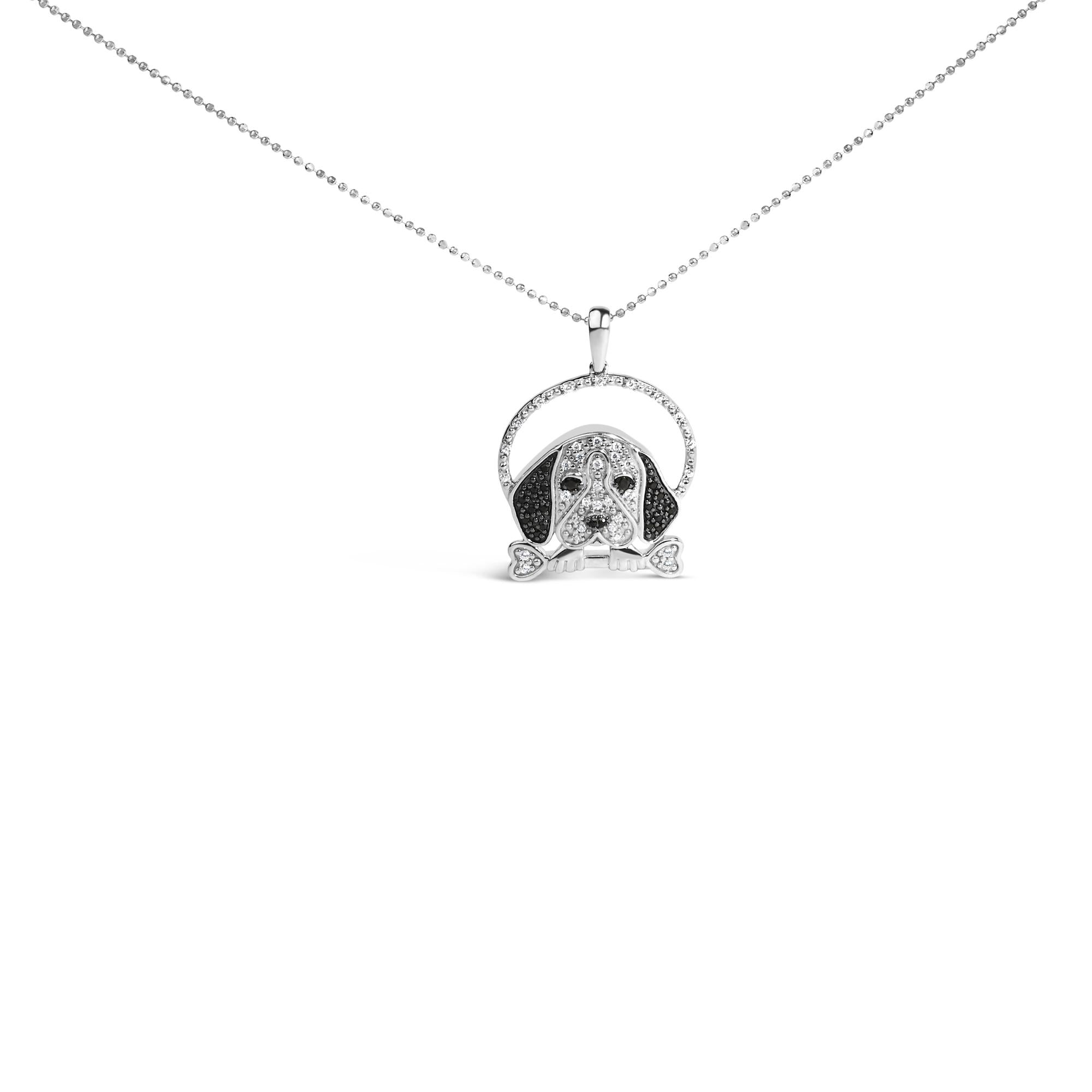 Collana con ciondolo a forma di cane Beagle e osso in argento sterling 925 da 1/4 ct con diamanti bianchi e neri (colore IJ, purezza I2-I3) - 18 pollici - Friggin Jewelry