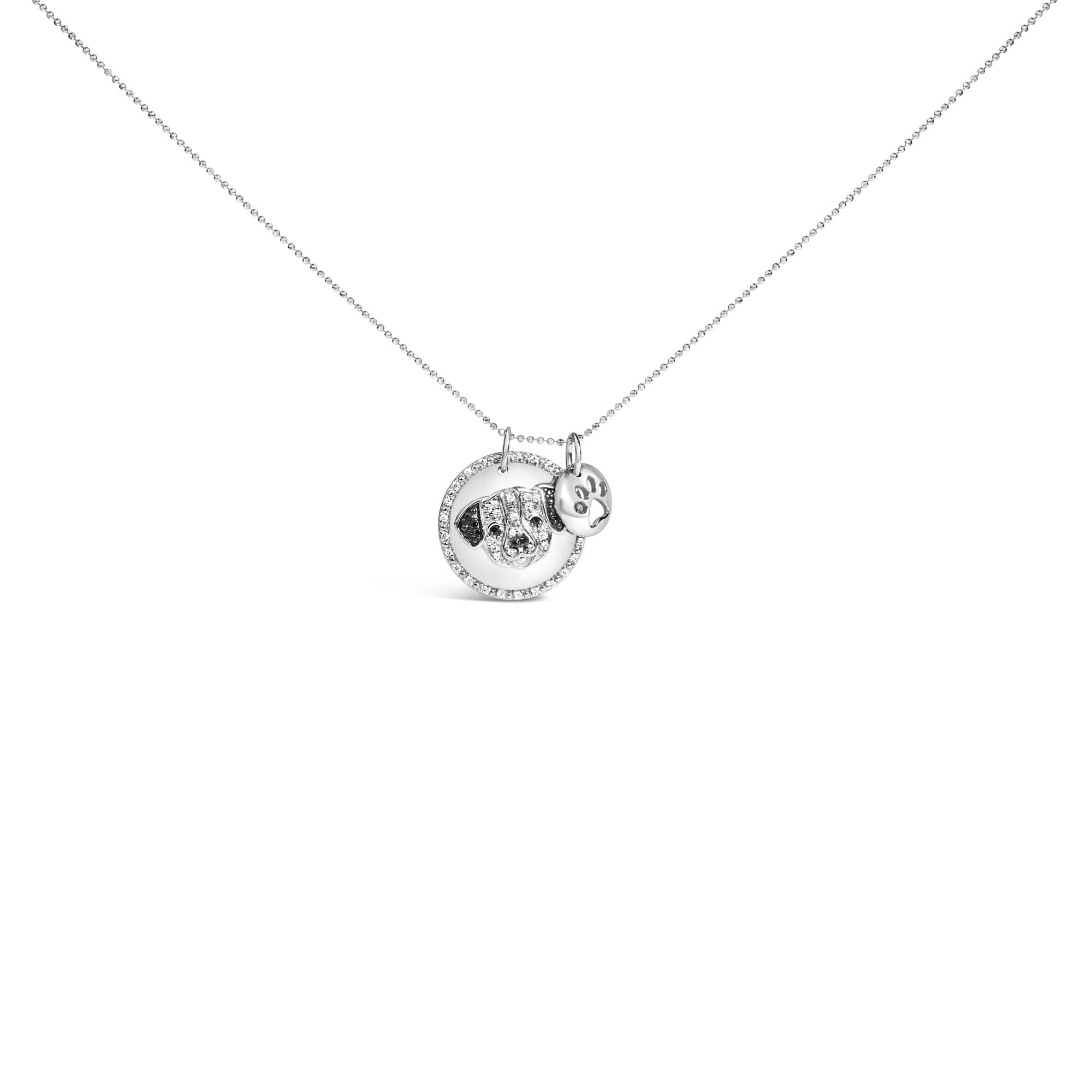 .925 Sterling Silver 1/4 Cttw White and Black Diamond Pitbull Dog Medallion and Charm 18" Pendant Necklace (I-J Color, I2-I3 Clarity) - Friggin Jewelry