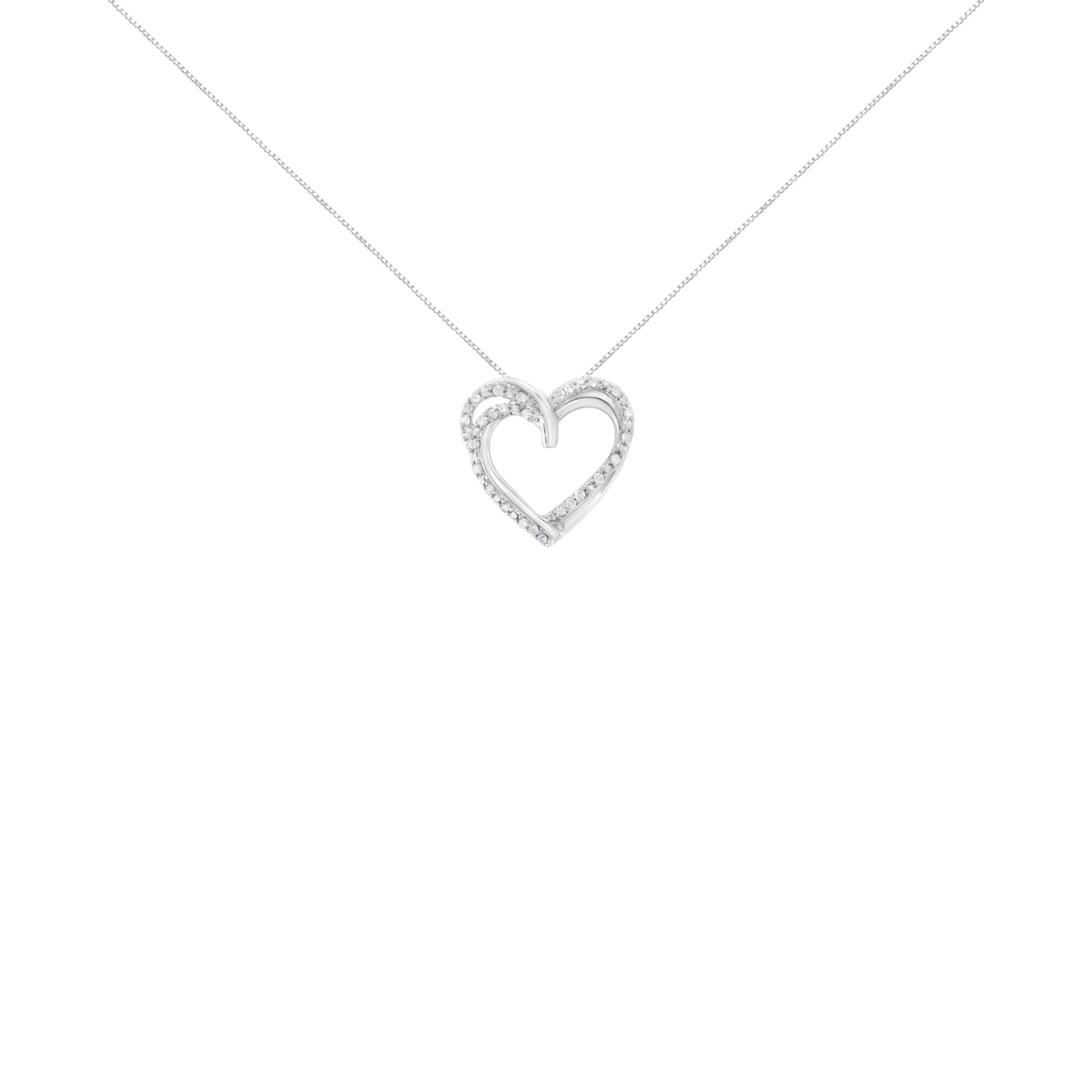 .925 Sterling Silver 1/4 cttw Prong Set Round-Cut Diamond Woven Double Heart 18" Pendant Necklace (I-J Color, I2-I3 Clarity) - Friggin Jewelry