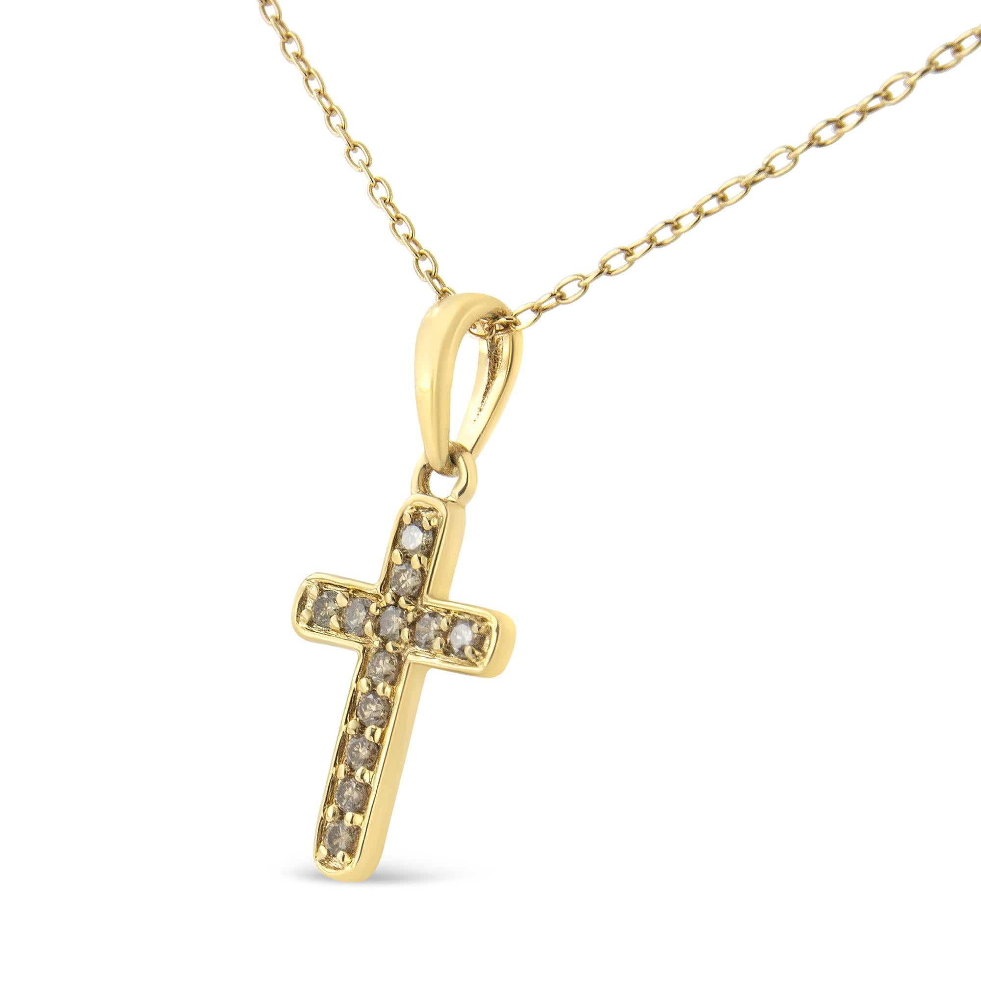 10K Yellow Gold Flashed .925 Sterling Silver 1/4 Cttw Champagne Diamond Cross Pendant Necklace (K-L Color, I1-I2 Clarity) - 18" - Friggin Jewelry
