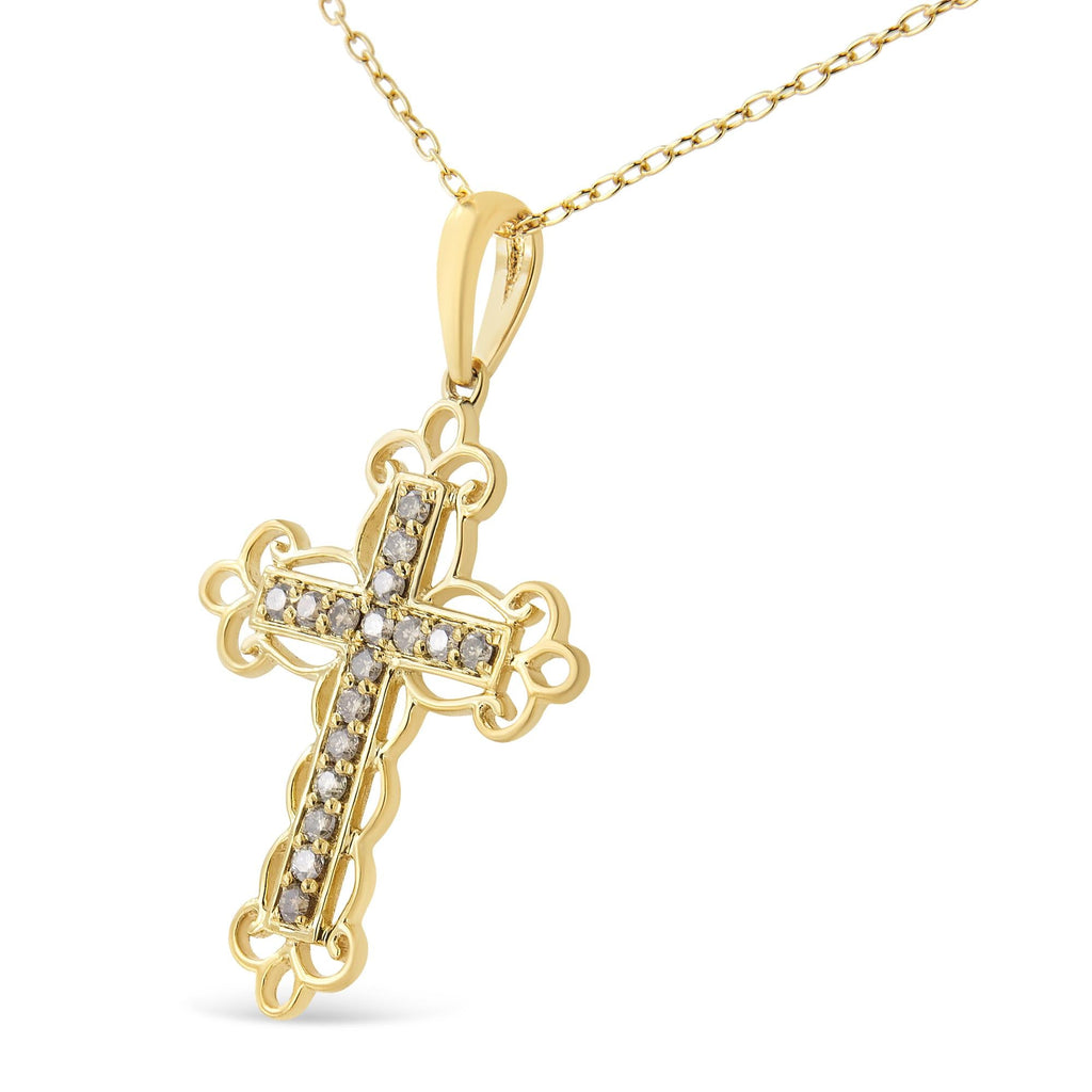 10K Yellow Flashed .925 Sterling Silver 1/4 Cttw Champagne Diamond Filigree Cross Pendant Necklace (K-L Color, I1-I2 Clarity) - 18" - Friggin Jewelry