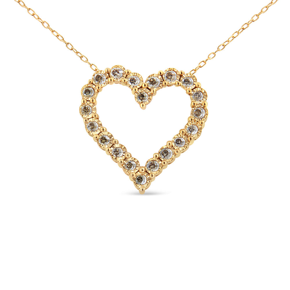 10K Yellow Gold Flashed .925 Sterling Silver 1/2 Cttw Champagne Diamond Miracle Plate Heart Pendant Necklace (K-L Color, I1-I2 Clarity) - 18" - Friggin Jewelry