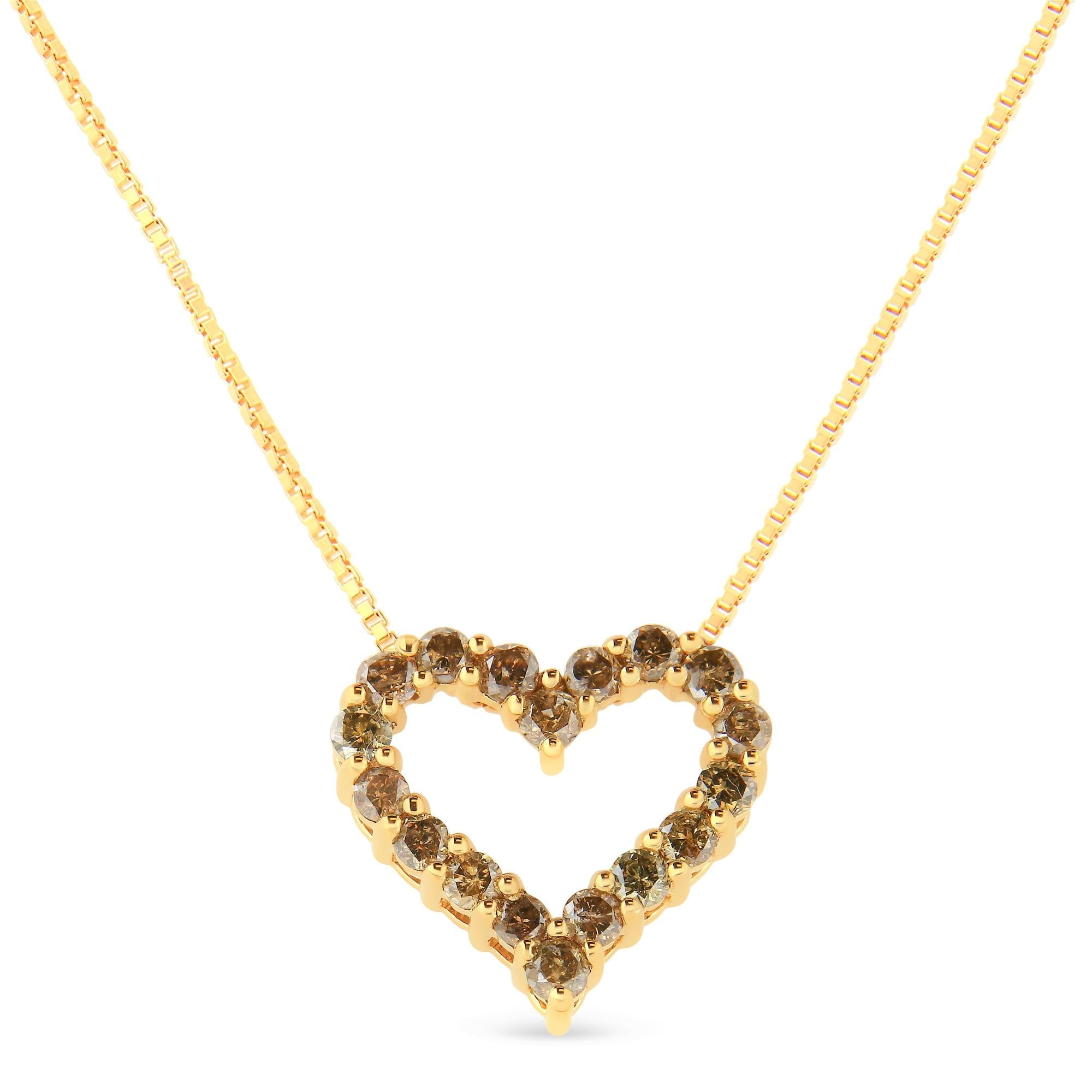 14K Yellow Gold Plated .925 Sterling Silver 1.0 Cttw Champagne Diamond Heart Pendant Necklace (K-L Color, I1-I2 Clarity) - 18" - Friggin Jewelry