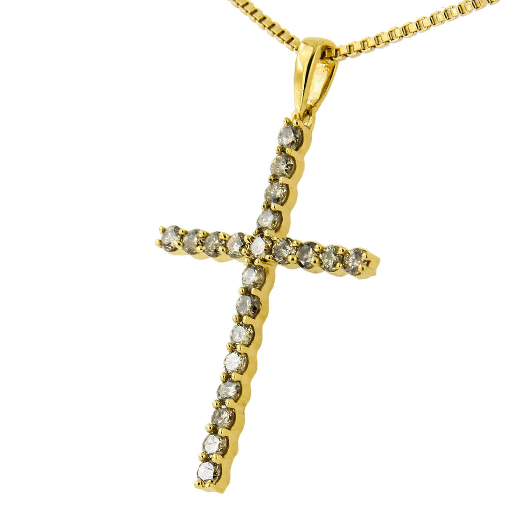14K Yellow Gold Plated .925 Sterling Silver 1/2 Cttw Champagne Diamond Cross Pendant Necklace (K-L Color, I1-I2 Clarity) - 18" - Friggin Jewelry