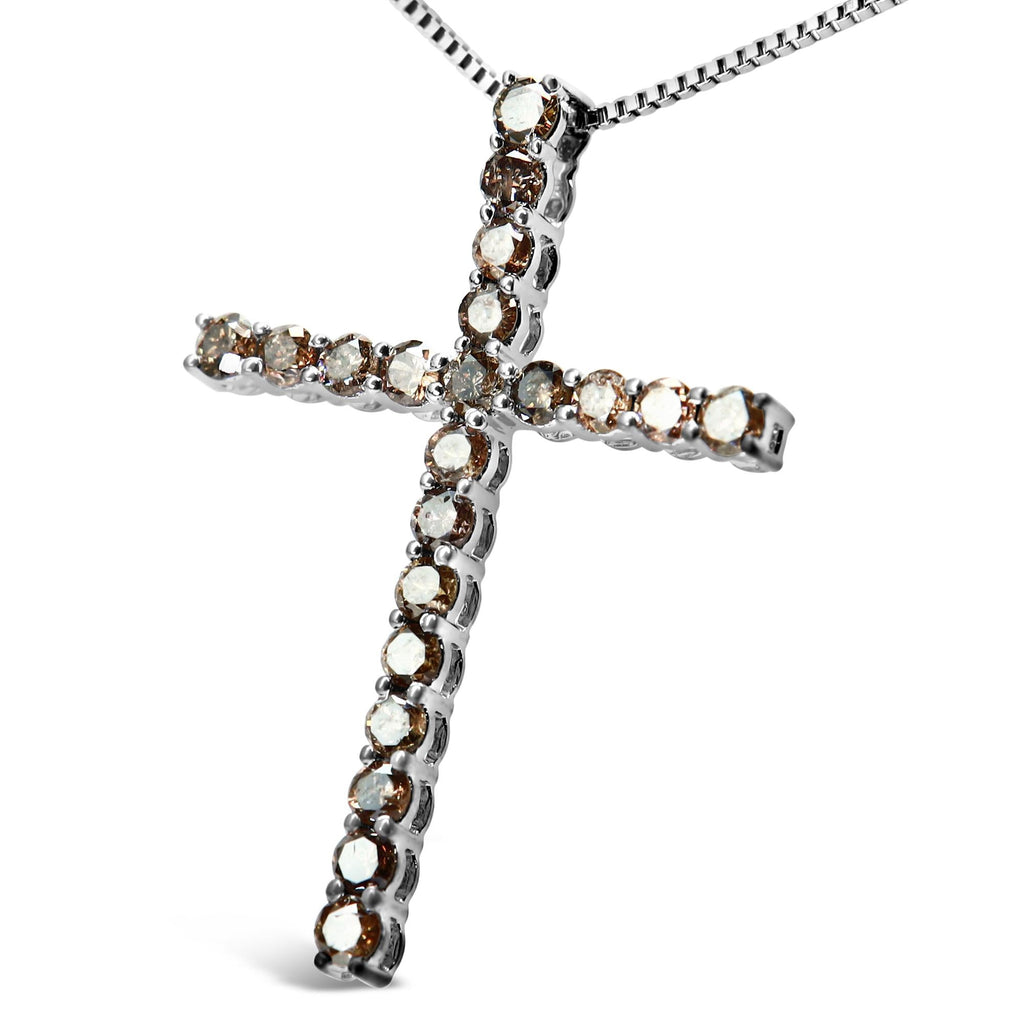 .925 Sterling Silver 1.0 Cttw Champagne Diamond Gold Cross Pendant Necklace for Women (Champagne Color, I1-I2 Clarity)- 18 inch - Friggin Jewelry