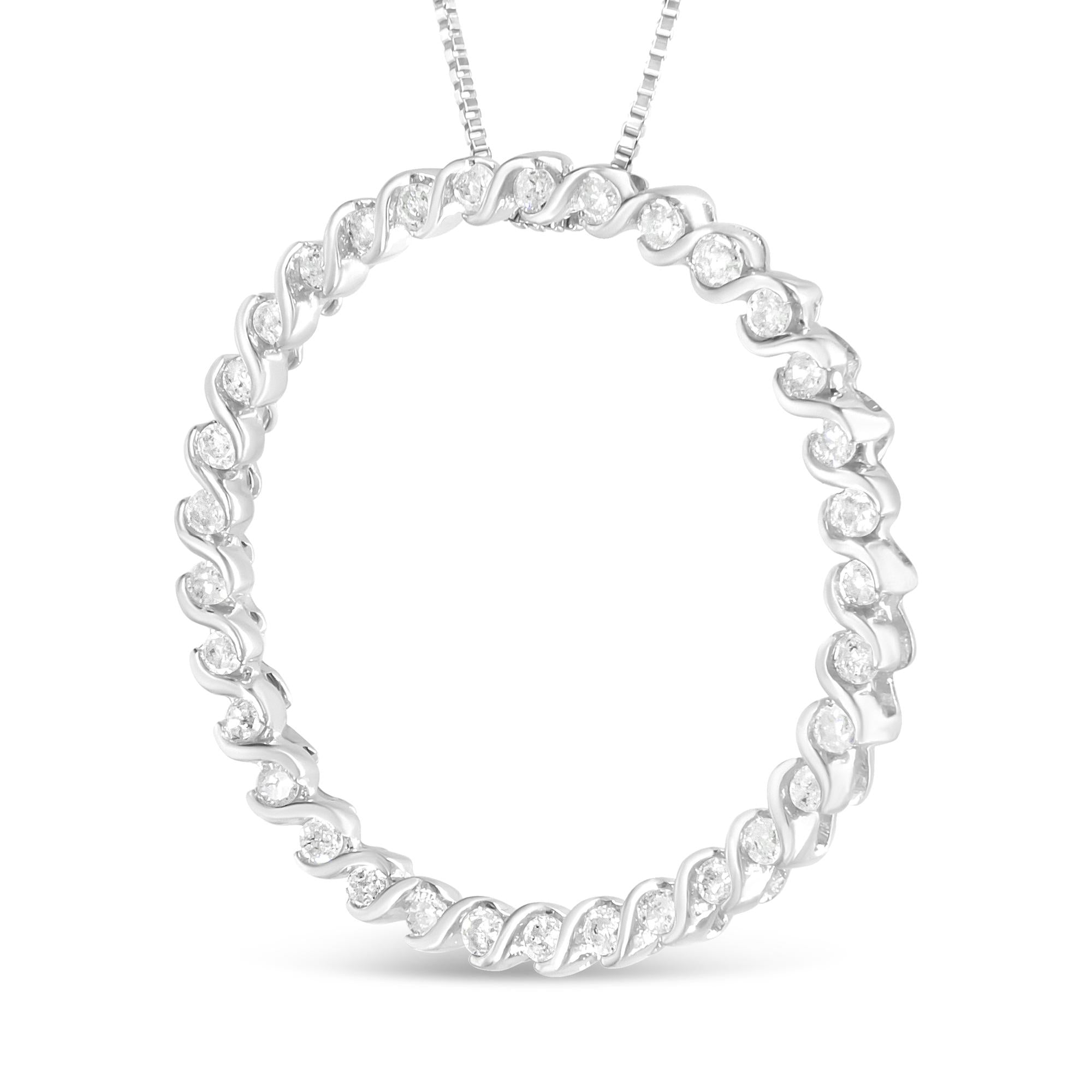 .925 Sterling Silver 3/4 Cttw Round Diamond Spiral Curved Circle Pendant 18" Necklace (I-J Color, I3 Clarity) - Friggin Jewelry