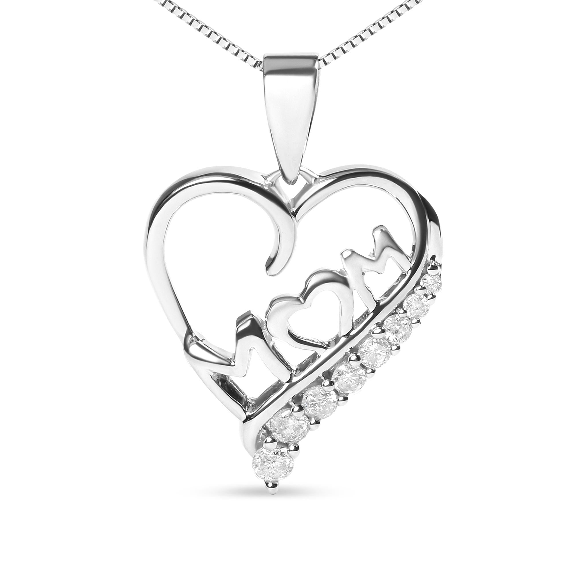 .925 Sterling Silver 1/4 Cttw Diamond  "Mom" and Open Heart 18" Pendant Necklace (I-J Color, I2-I3 Clarity) - Friggin Jewelry