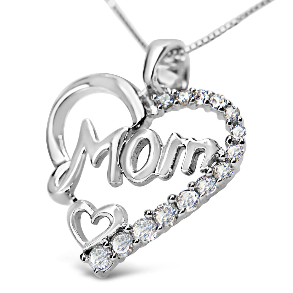 .925 Sterling Silver 1/4 Cttw Round Diamond "Mom" Heart Pendant 18" Necklace (I-J Color, I3 Clarity) - Mom - Friggin Jewelry