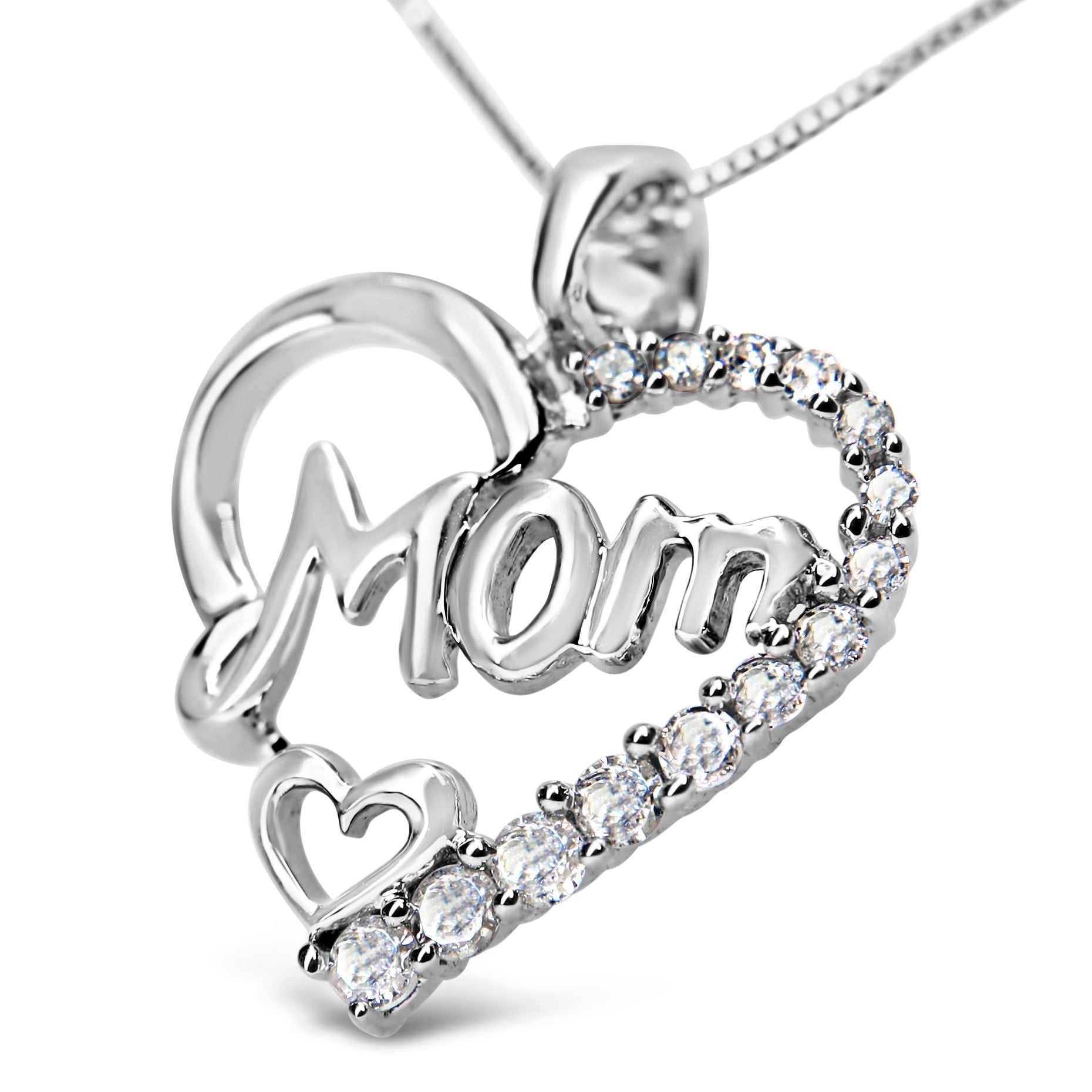.925 Sterling Silver 1/4 Cttw Round Diamond "Mom" Heart Pendant 18" Necklace (I-J Color, I3 Clarity) - Mom - Friggin Jewelry