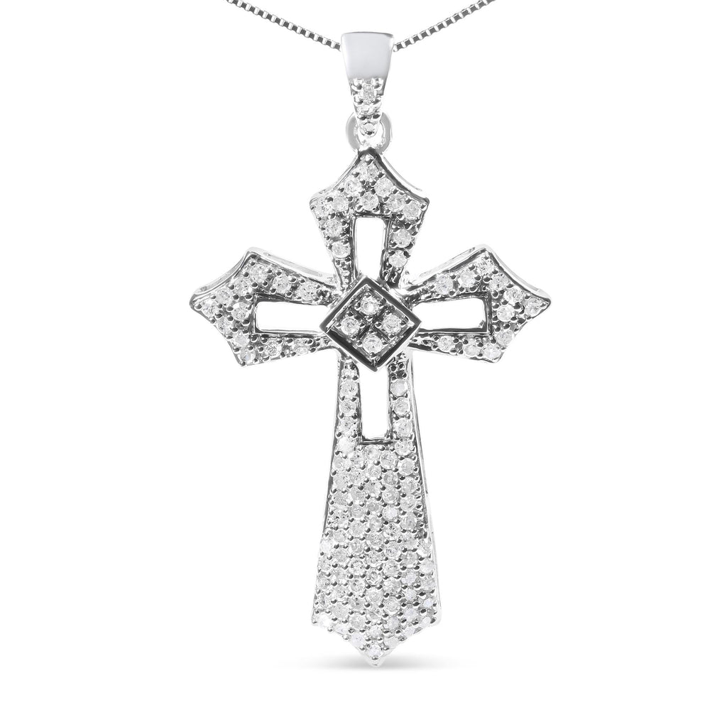 .925 Sterling Silver 1.00 Cttw Diamond Fleur De Lis Cross 18" Pendant Necklace (H-I Color, I2-I3 Clarity) - Friggin Jewelry