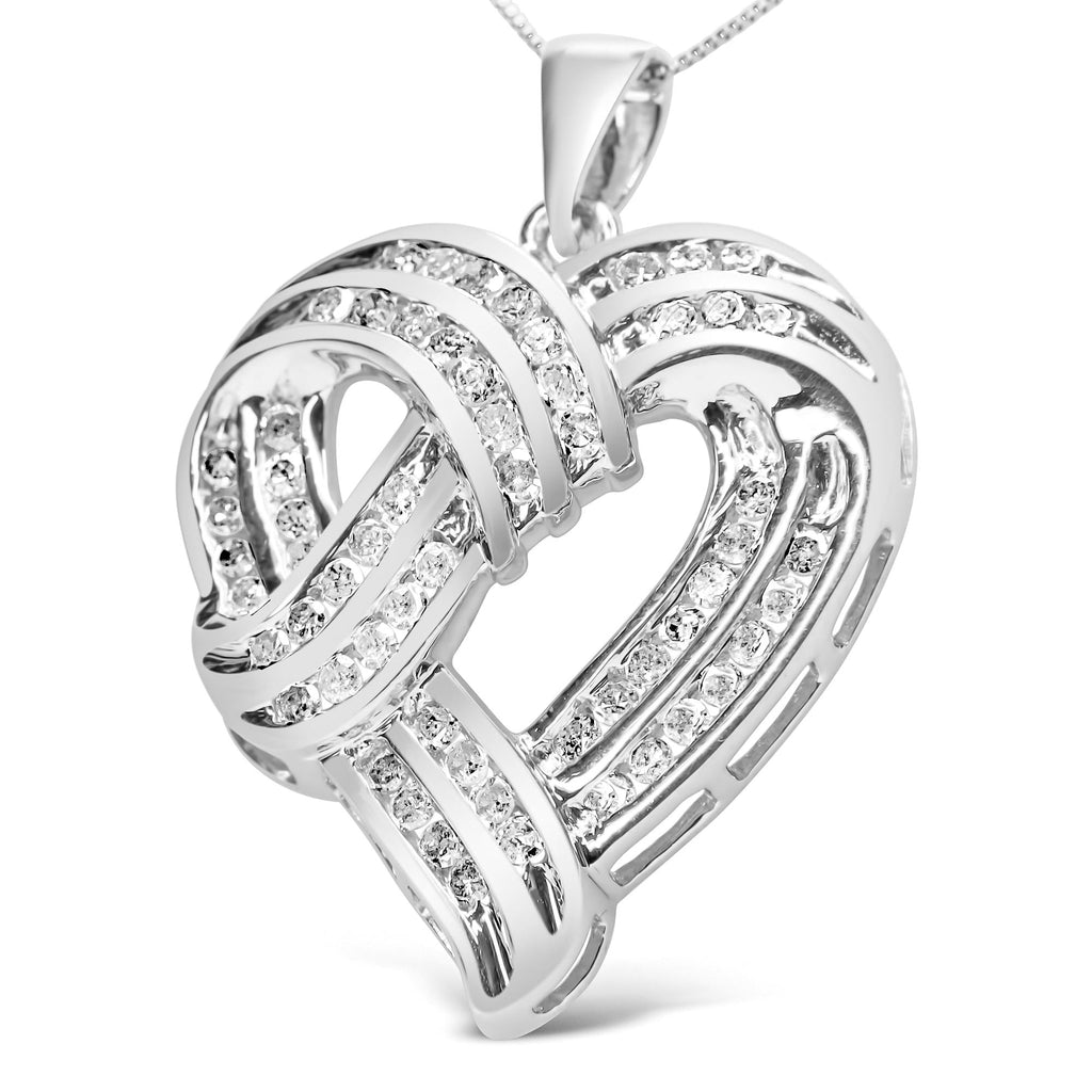 .925 Sterling Silver 1 1/4 Cttw Round Diamond Openwork Ribbon Weave Heart Pendant 18" Necklace (I-J Color, I3 Clarity) - Friggin Jewelry