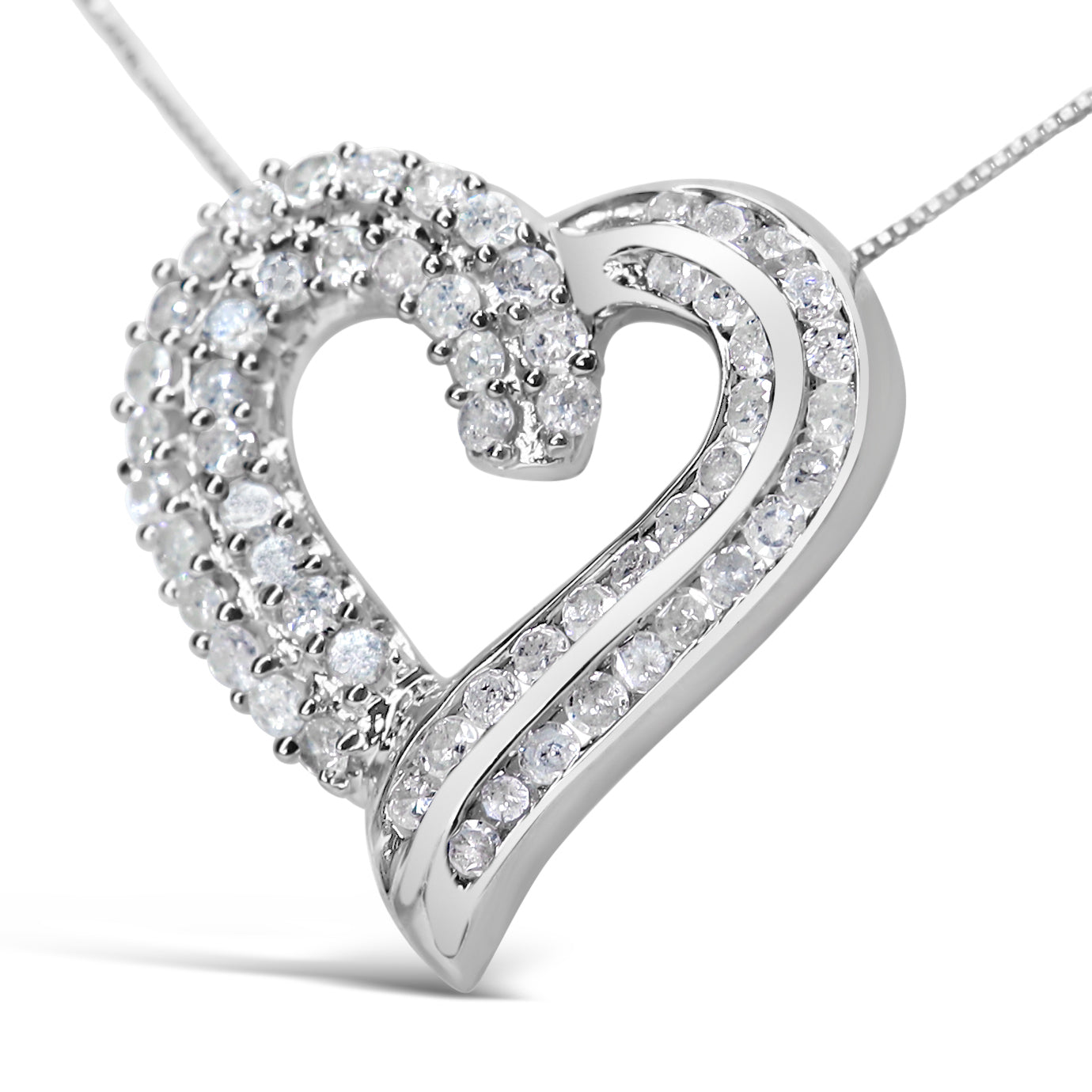 .925 Sterling Silver 1.0 Cttw Prong & Channel-Set Diamond Open work Ribbon Heart Pendant 18" Necklace (I-J Color, I3 Clarity) - Friggin Jewelry