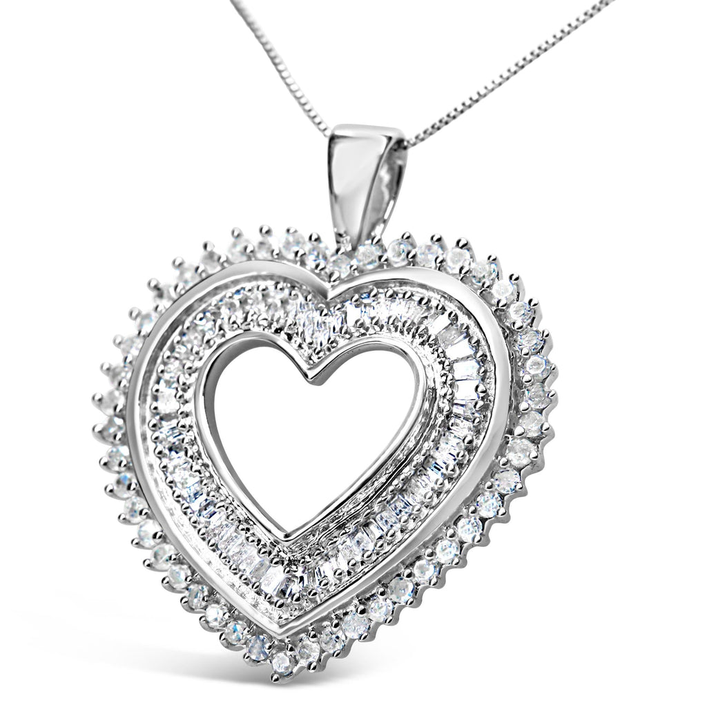 Collana con ciondolo a forma di cuore in argento sterling 925 da 1,0 ct con diamanti taglio baguette e taglio rotondo, lunghezza 18 pollici (colore HI, purezza I3) - Friggin Jewelry