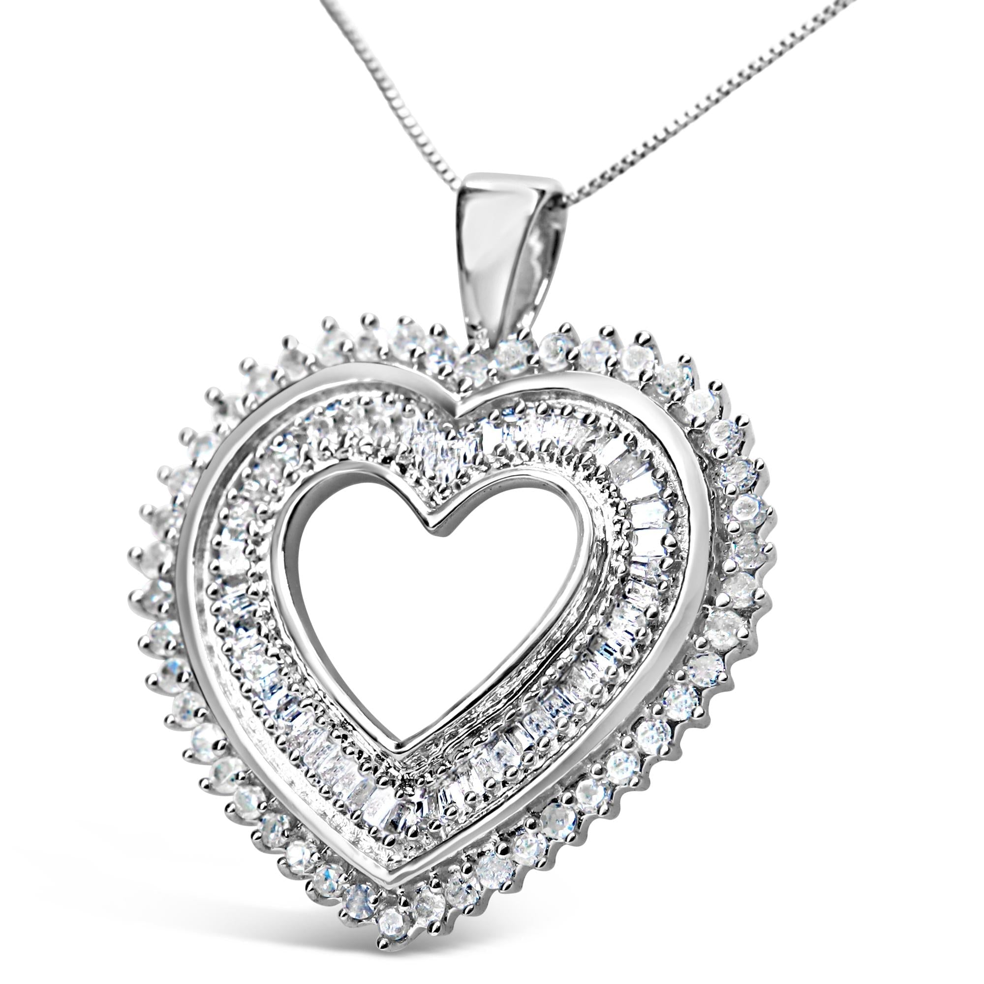 .925 Sterling Silver 1.0 Cttw Baguette and Round Diamond  Heart Pendant 18" Necklace (H-I Color, I3 Clarity) - Friggin Jewelry