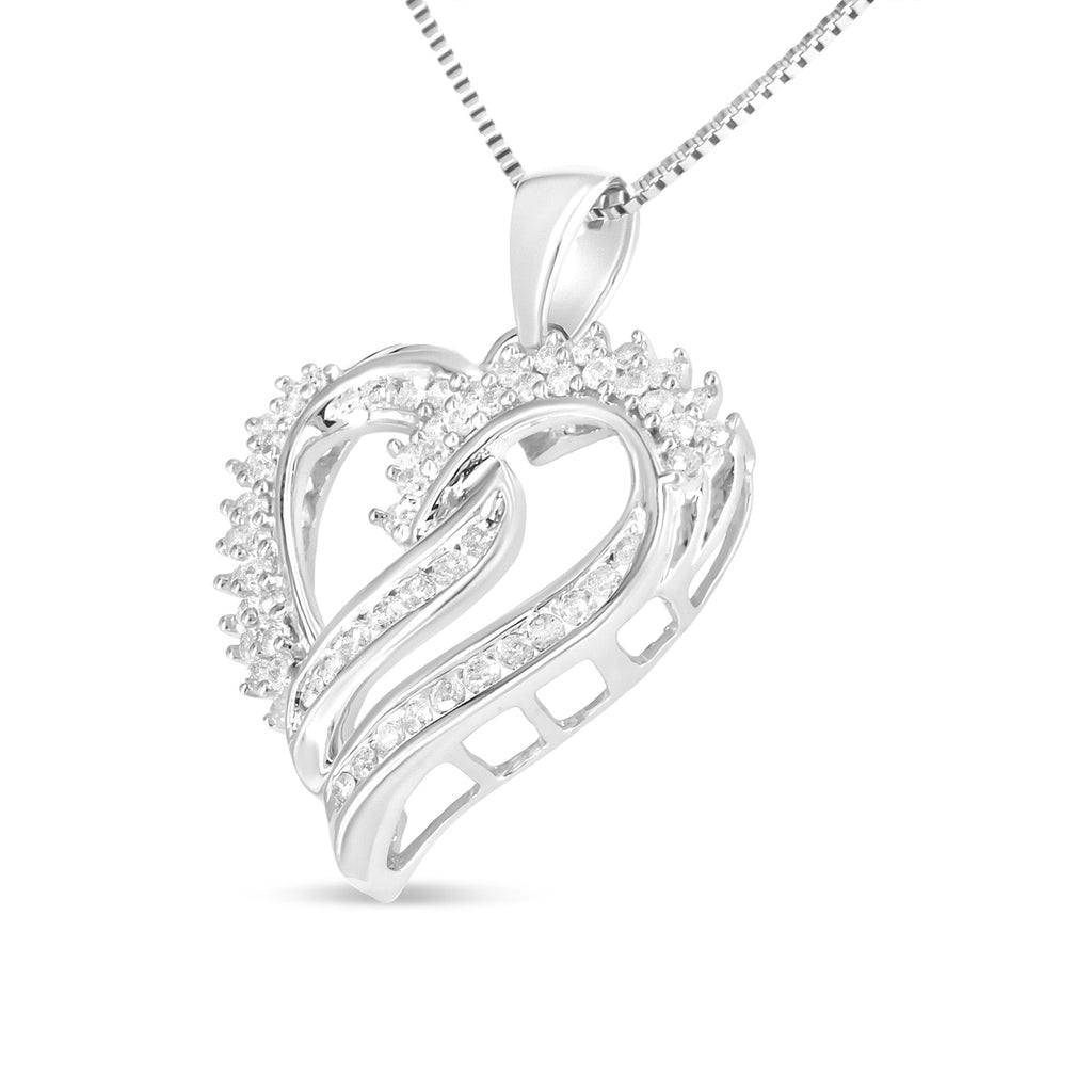 .925 Sterling Silver 1/2 Cttw Diamond Double Row Openwork Heart Pendant 18" Necklace (I-J Color, I3 Clarity) - Friggin Jewelry