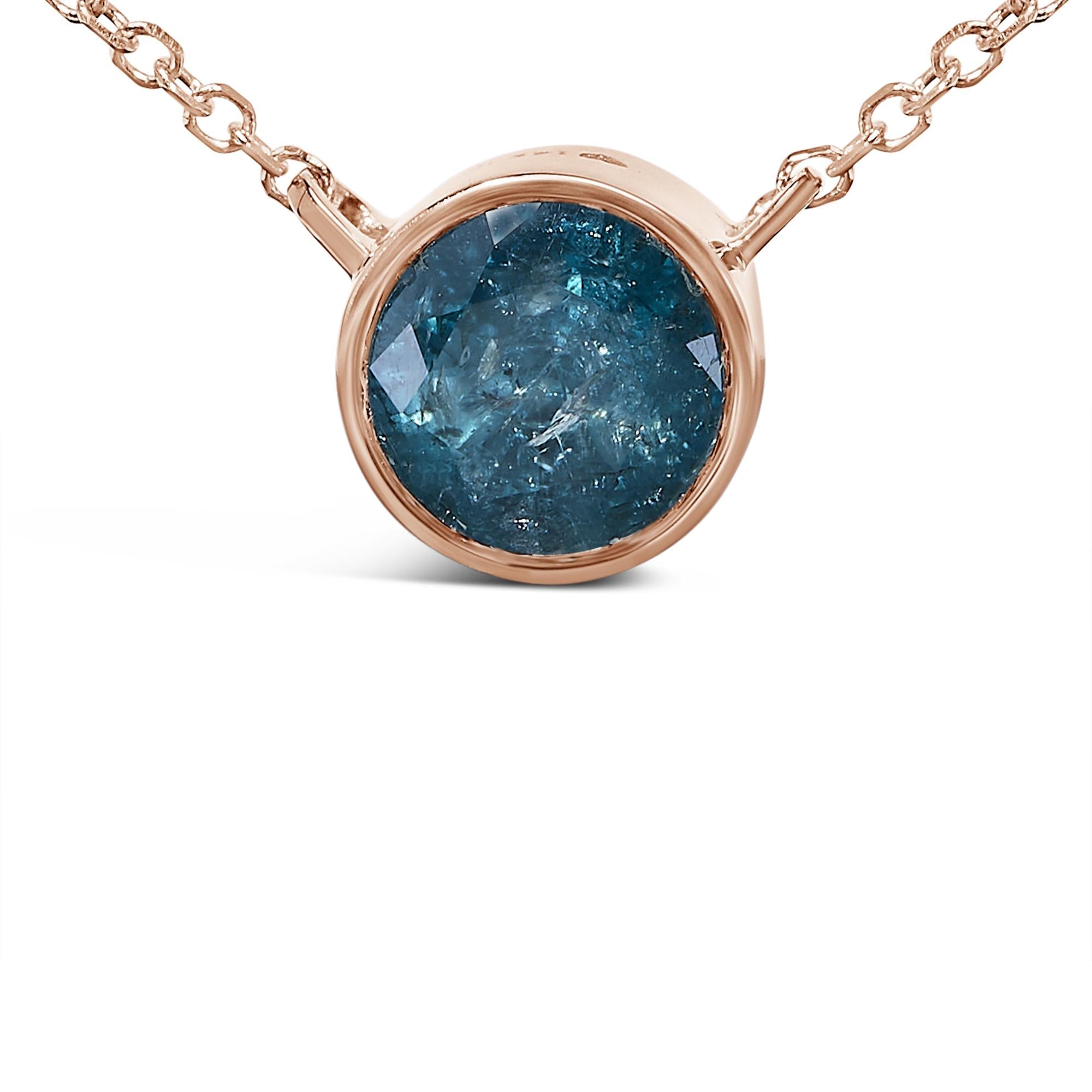 14K Rose Gold 2.0 Cttw Bezel Set Blue Diamond Solitaire Pendant Necklace  - 18" Inches - Friggin Jewelry