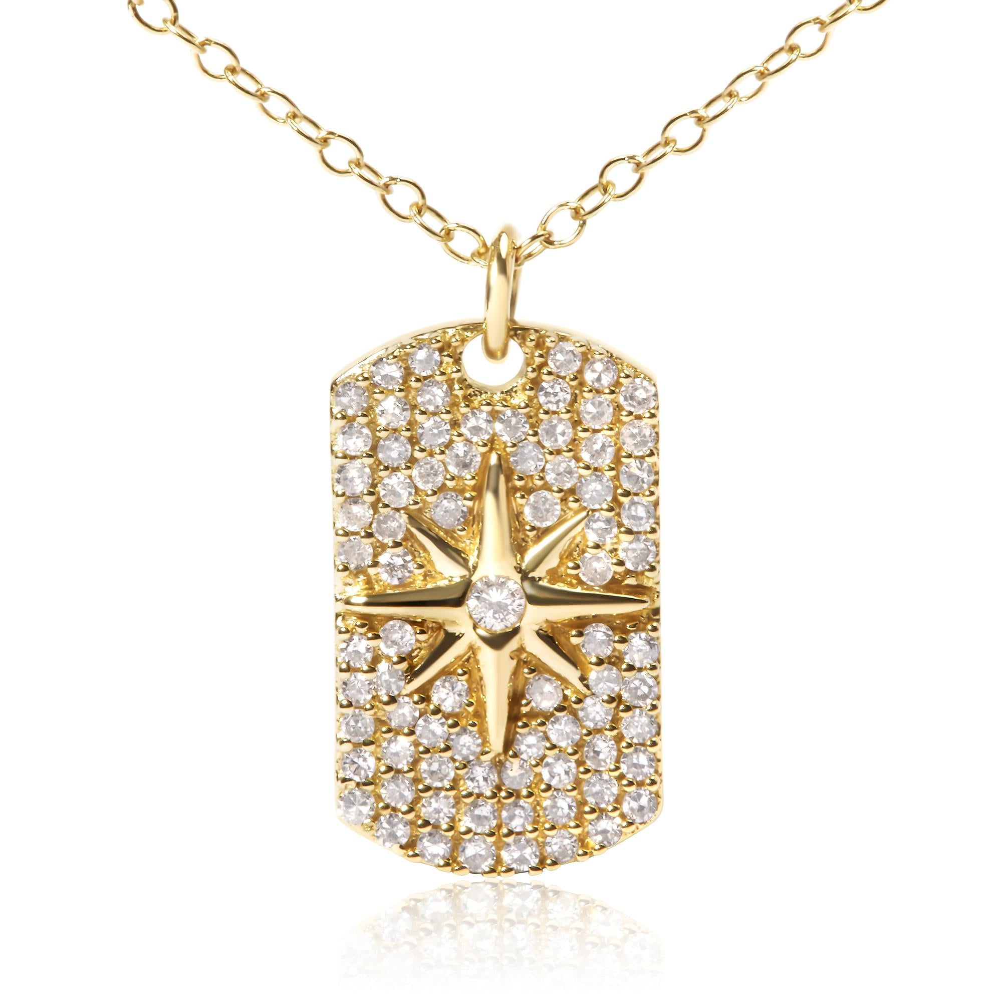 Collar con colgante de placa de identificación de estrella del norte de 45 cm en plata de ley 925 bañada en oro amarillo de 18 quilates con diamantes de 3/8 quilates (color IJ, claridad I2-I3) - Friggin Jewelry