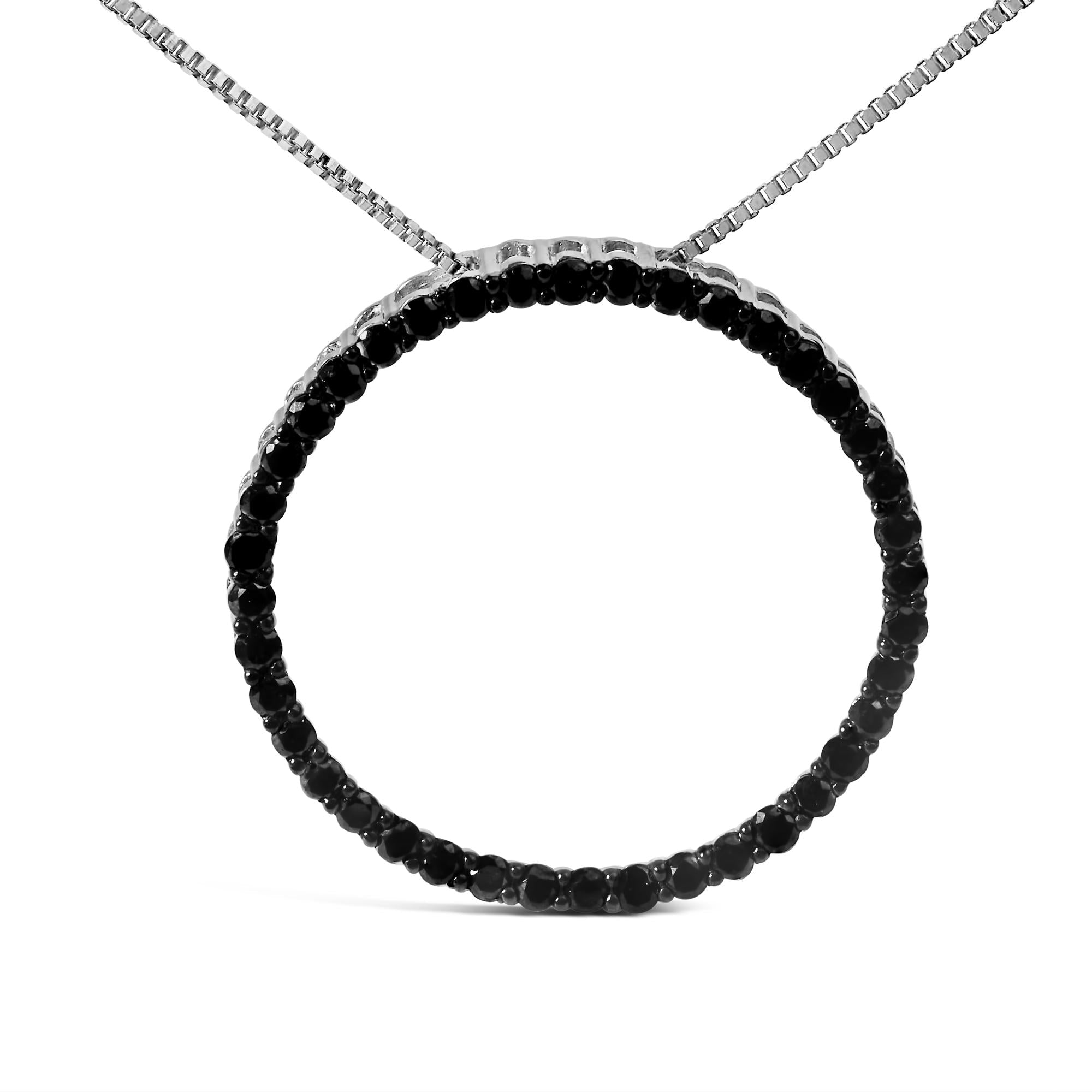 .925 Sterling Silver Black Diamond Open Hoop Circle 18" Pendant Necklace (Black Color, I2-I3 Clarity) - Friggin Jewelry