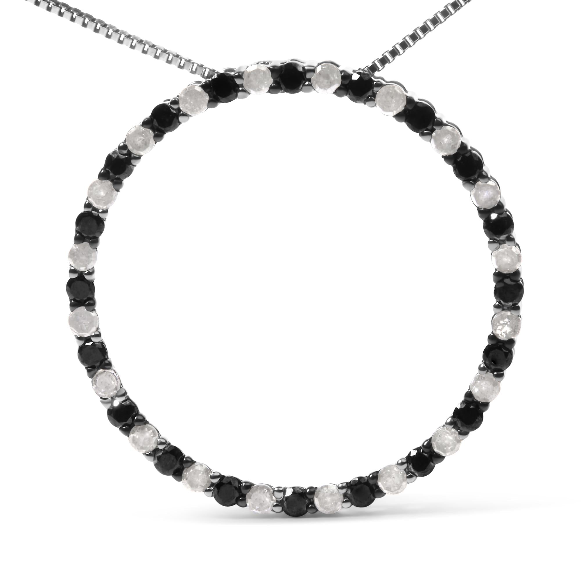 .925 Sterling Silver 1.0 Cttw Alternating Black and White Diamond Open Hoop Circle Pendant Necklace - 18" Inches - Friggin Jewelry