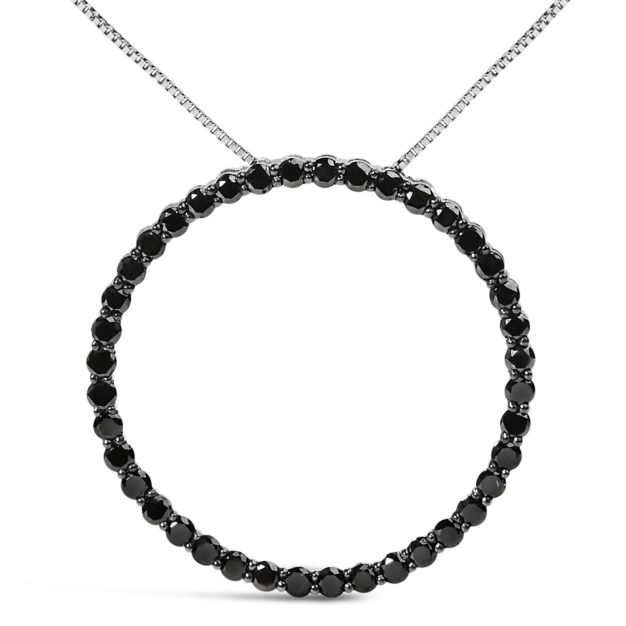 .925 Sterling Silver Black Diamond Open Hoop Circle 18" Pendant Necklace (Black Color, I2-I3 Clarity) - Friggin Jewelry