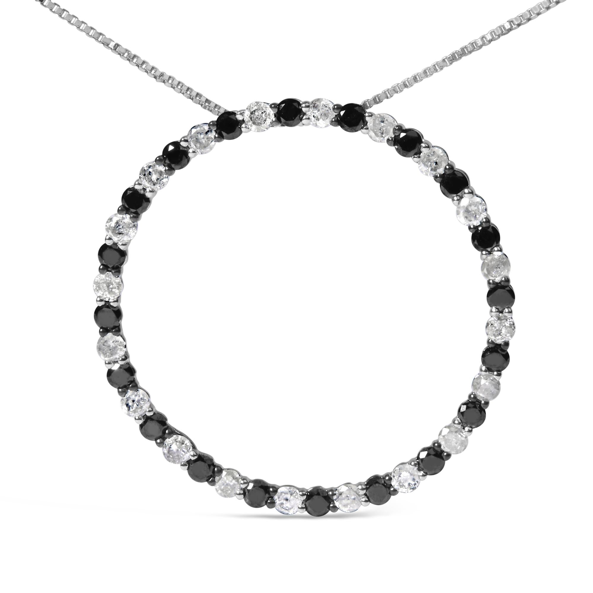 Collar con colgante circular de aro abierto con diamantes blancos y negros alternados de 2,0 quilates en plata de ley 925 (color HI, claridad I2-I3) - 45,7 cm - Friggin Jewelry
