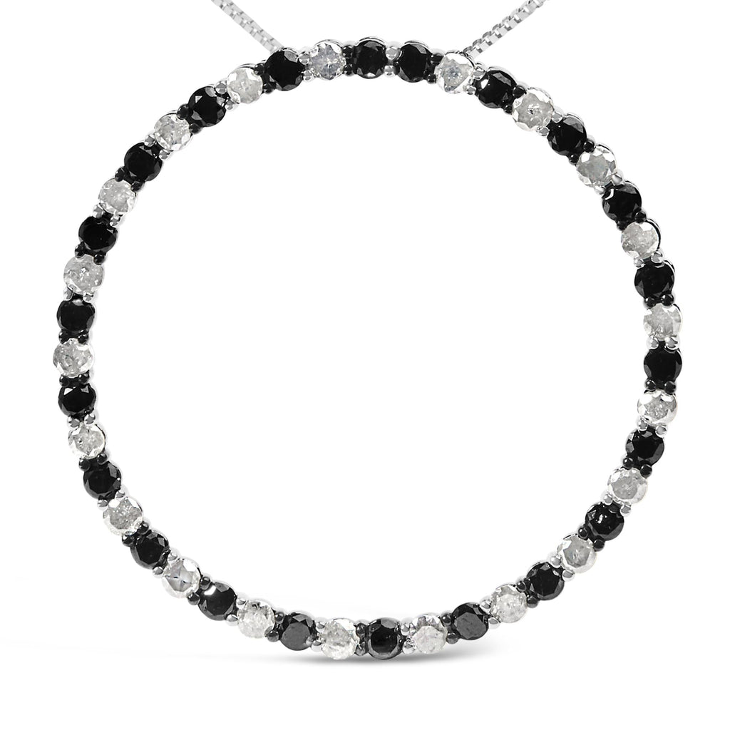 .925 Sterling Silver 3.0 Cttw Alternating Black and White Diamond Open Hoop Circle Pendant Necklace (H-I Color, I3 Clarity) - 18" Inches - Friggin Jewelry