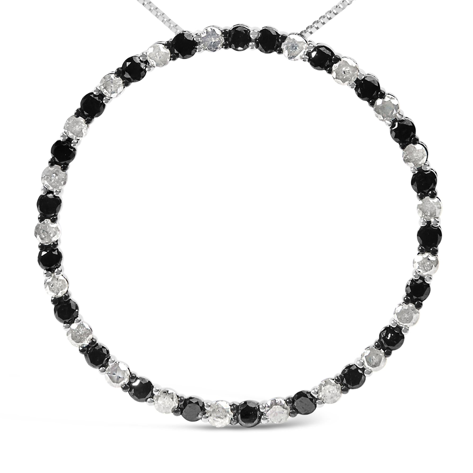 .925 Sterling Silver 3.0 Cttw Alternating Black and White Diamond Open Hoop Circle Pendant Necklace (H-I Color, I3 Clarity) - 18" Inches - Friggin Jewelry