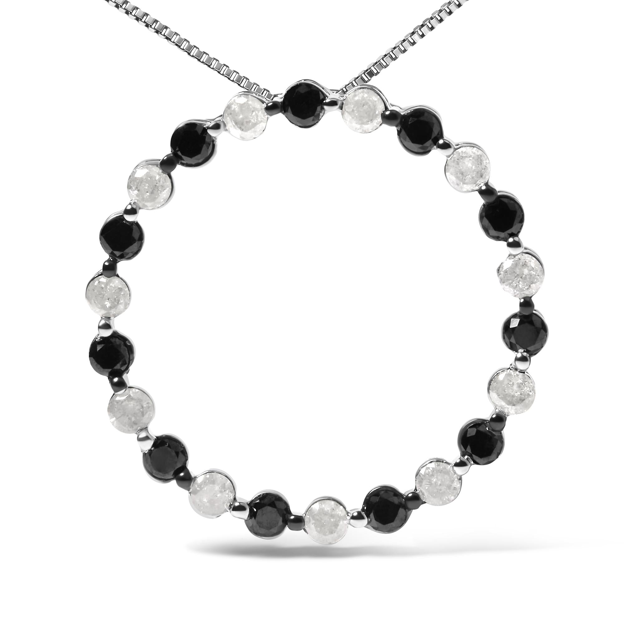 .925 Sterling Silver 1 3/4 Cttw Alternating Black and White Diamond Open Circle Hoop Pendant Necklace (H-I Color, I2-I3 Clarity) - 18" Inches - Friggin Jewelry