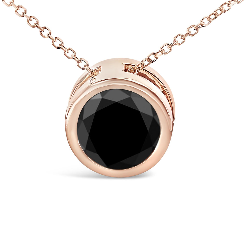 14K Rose Gold Bezel-Set Black Round Diamond Solitaire Pendant Necklace (Black Color, I2-I3 Clarity) - 18" - Friggin Jewelry Premium