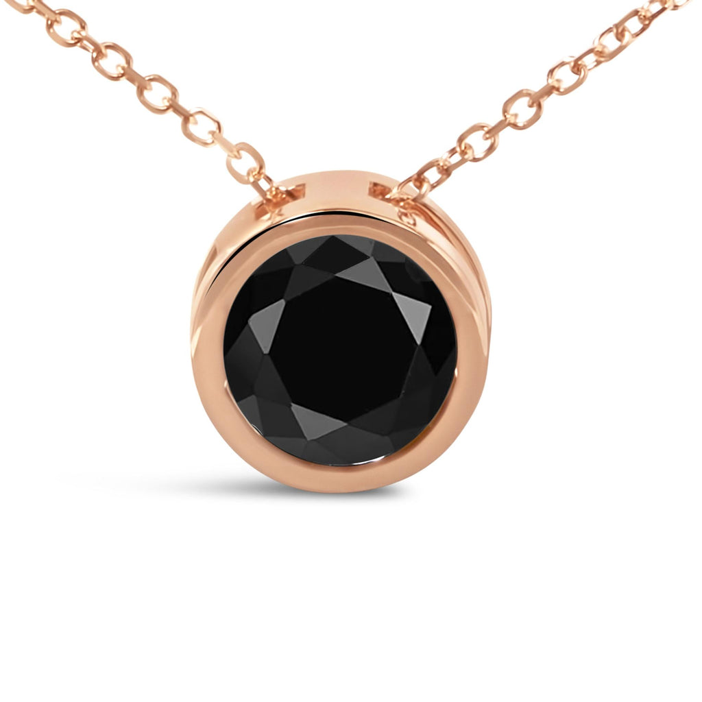 14K Rose Gold Bezel-Set Black Round Diamond Solitaire Pendant Necklace (Black Color, I2-I3 Clarity) - 18" - Friggin Jewelry Premium