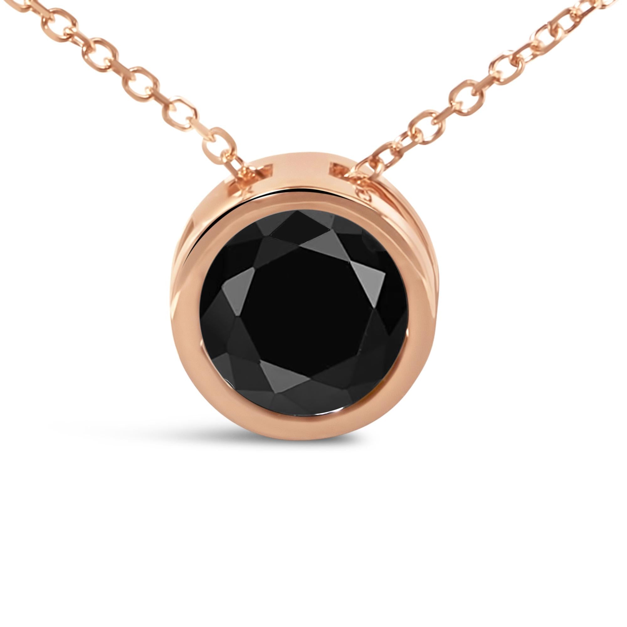 14K Rose Gold Bezel-Set Black Round Diamond Solitaire Pendant Necklace (Black Color, I2-I3 Clarity) - 18" - Friggin Jewelry Premium