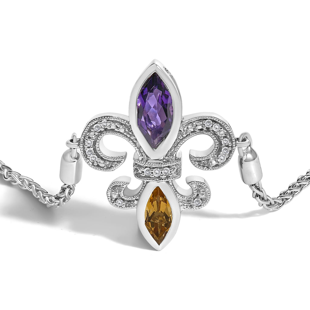 .925 Sterling Silver Marquise Purple Amethyst, Orange Citrine, and Diamond Accent Lariat 4”-10” Fleur De Lis Adjustable Bolo Bracelet (I-J Color, I1-I2 Clarity) - Friggin Jewelry