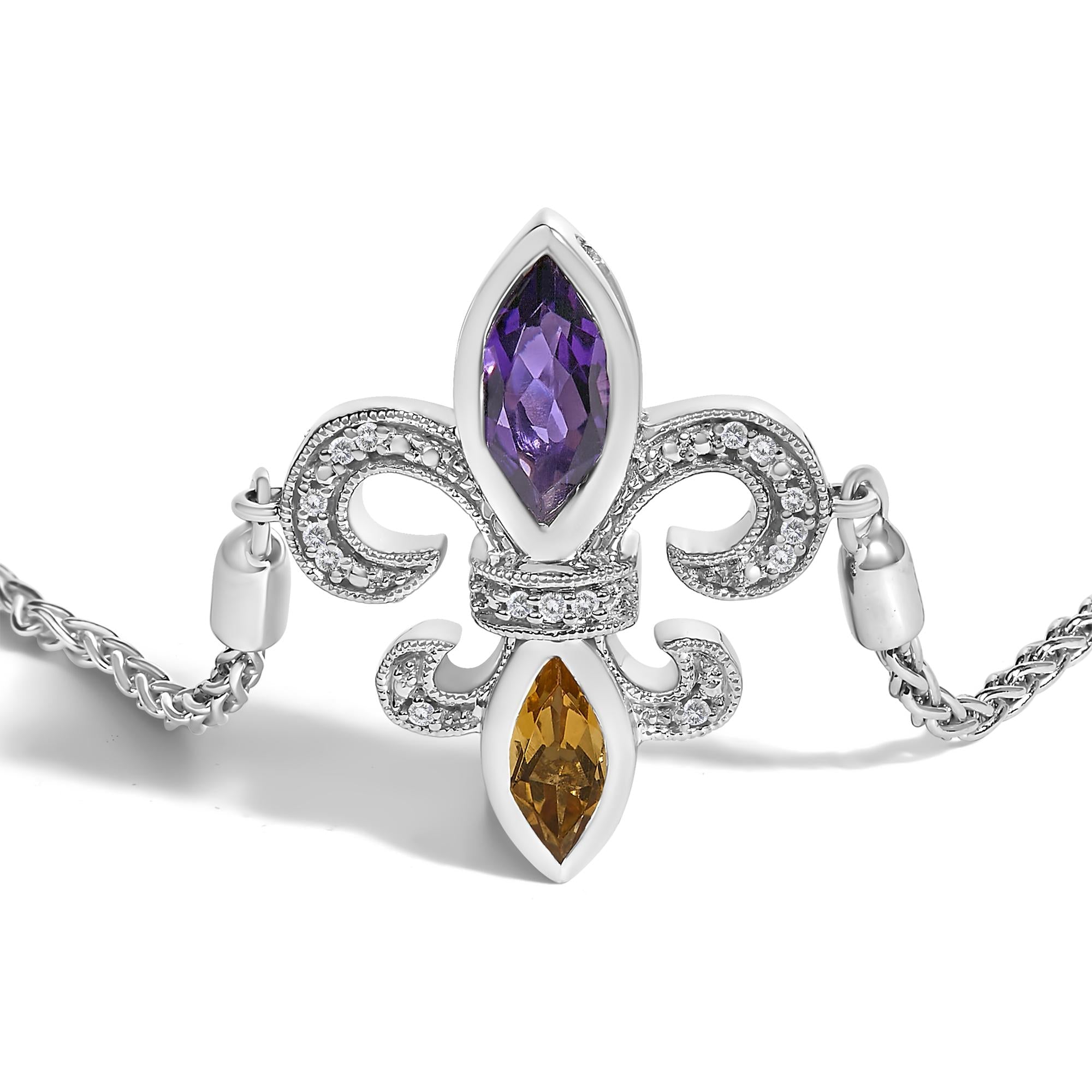 Pulsera bolo ajustable con flor de lis de 10 a 25 cm en plata de ley 925 con amatista morada, citrino naranja y detalles de diamantes (color IJ, claridad I1-I2) - Friggin Jewelry