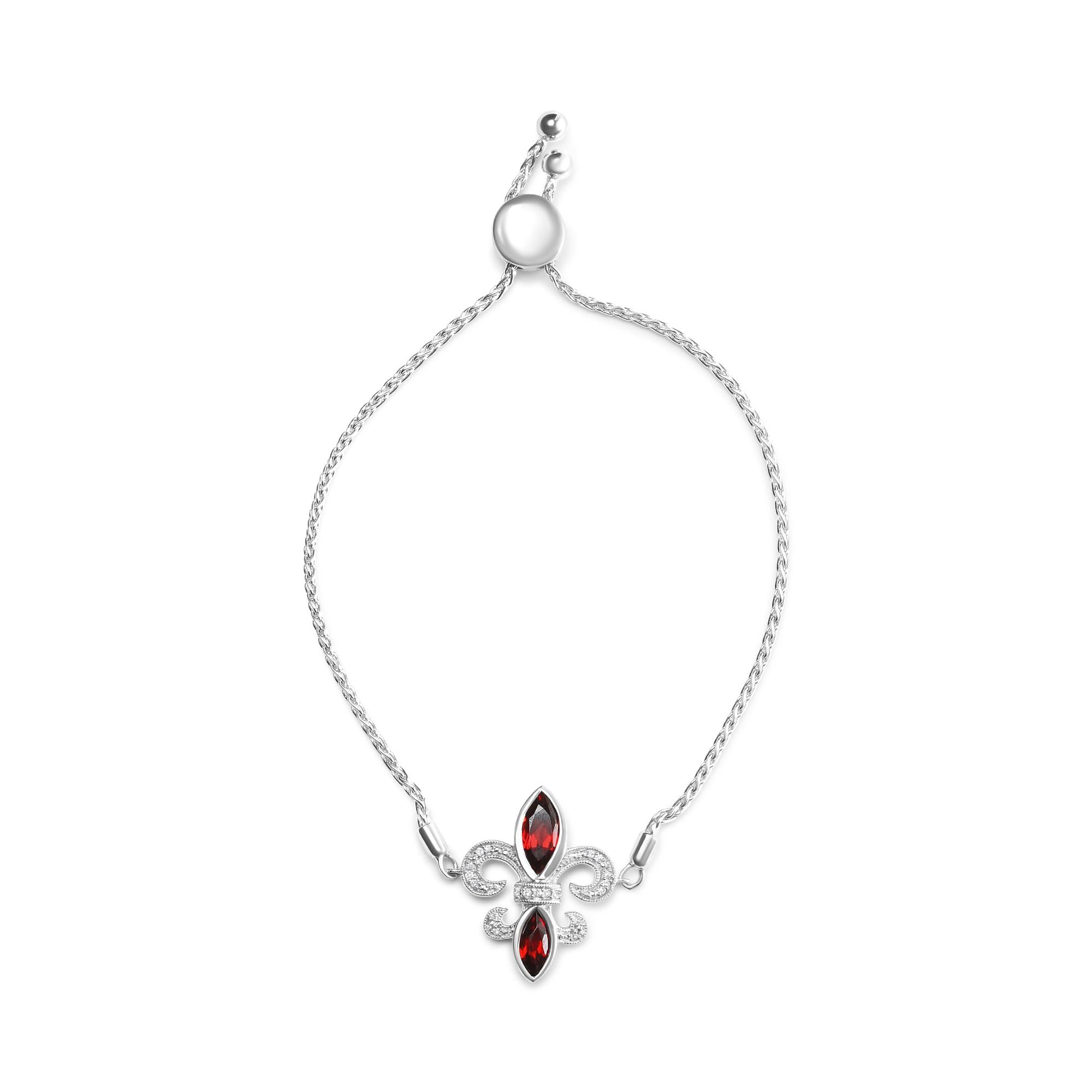 Pulsera bolo ajustable con flor de lis de 10 a 25 cm en plata de ley 925 con granate marquesa y detalles de diamantes (color HI, claridad SI1-SI2) - Friggin Jewelry