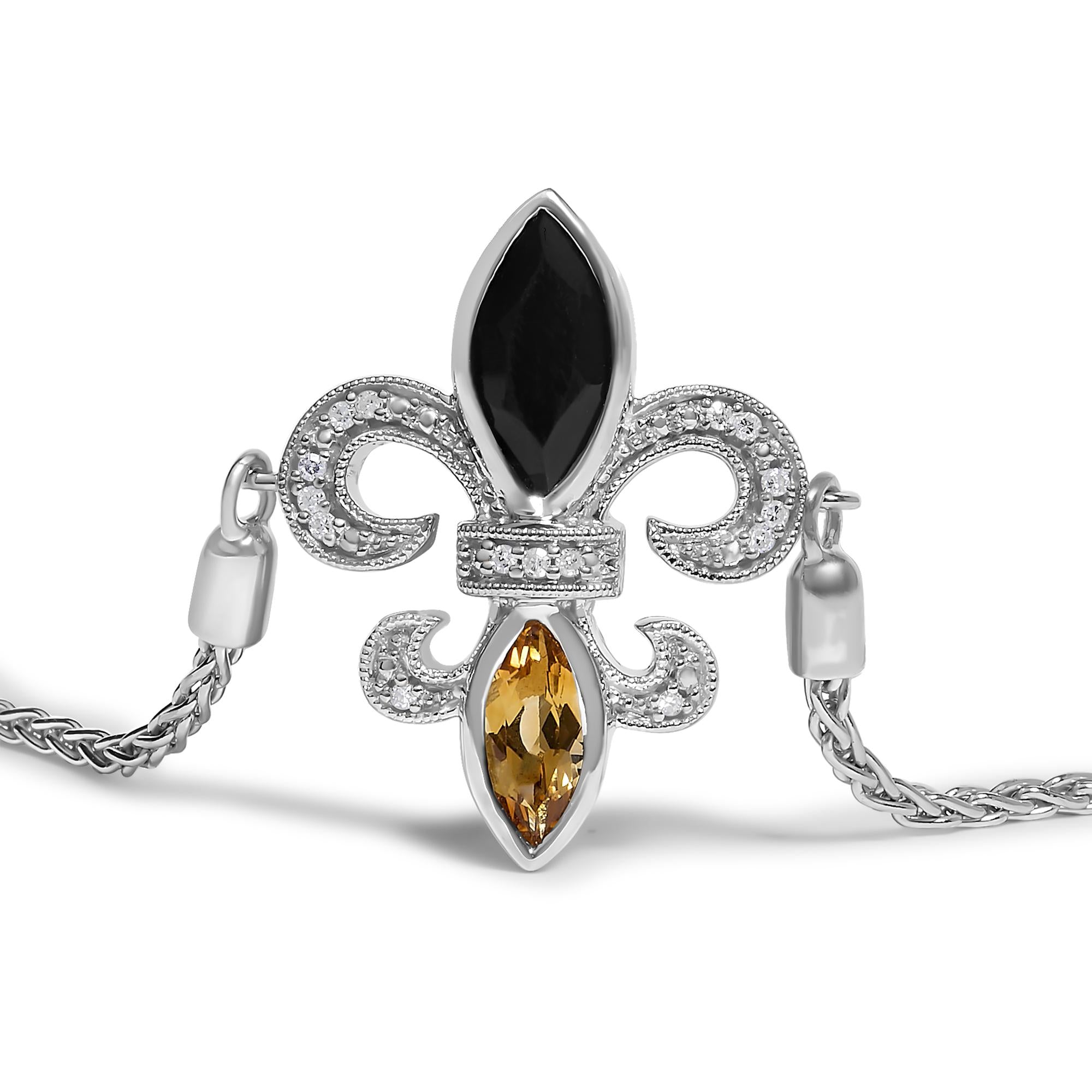 .925 Sterling Silver Marquise Black Onyx, Orange Citrine, and Diamond Accent Lariat 4”-10” Fleur De Lis Adjustable Bolo Bracelet (I-J Color, I1-I2 Clarity) - 7" - Friggin Jewelry