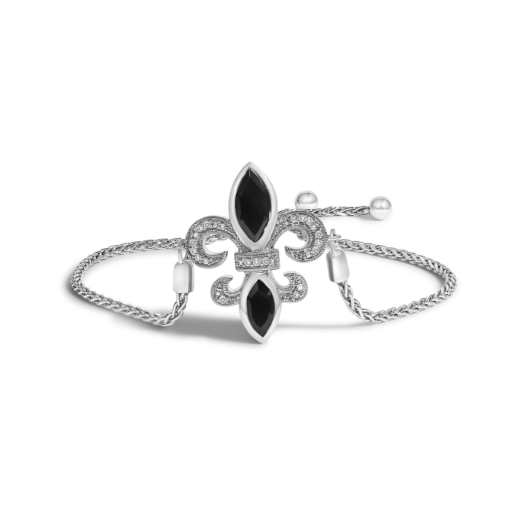 Pulsera bolo ajustable con flor de lis de 10 a 25 cm en plata de ley 925 con ónix negro marquesa y detalles de diamantes (color IJ, claridad I1-I2) - Friggin Jewelry
