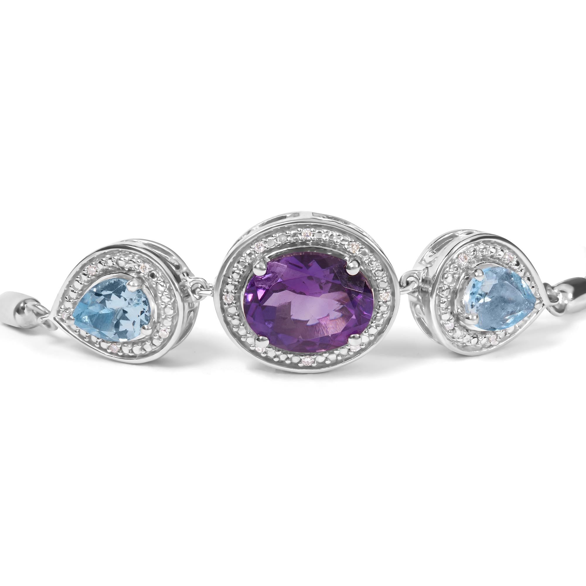 Pulsera bolo ajustable de plata de ley 925 con amatista ovalada y topacio azul pera, con detalle de diamante, de 10 a 25 cm (color HI, claridad SI1-SI2) - Friggin Jewelry
