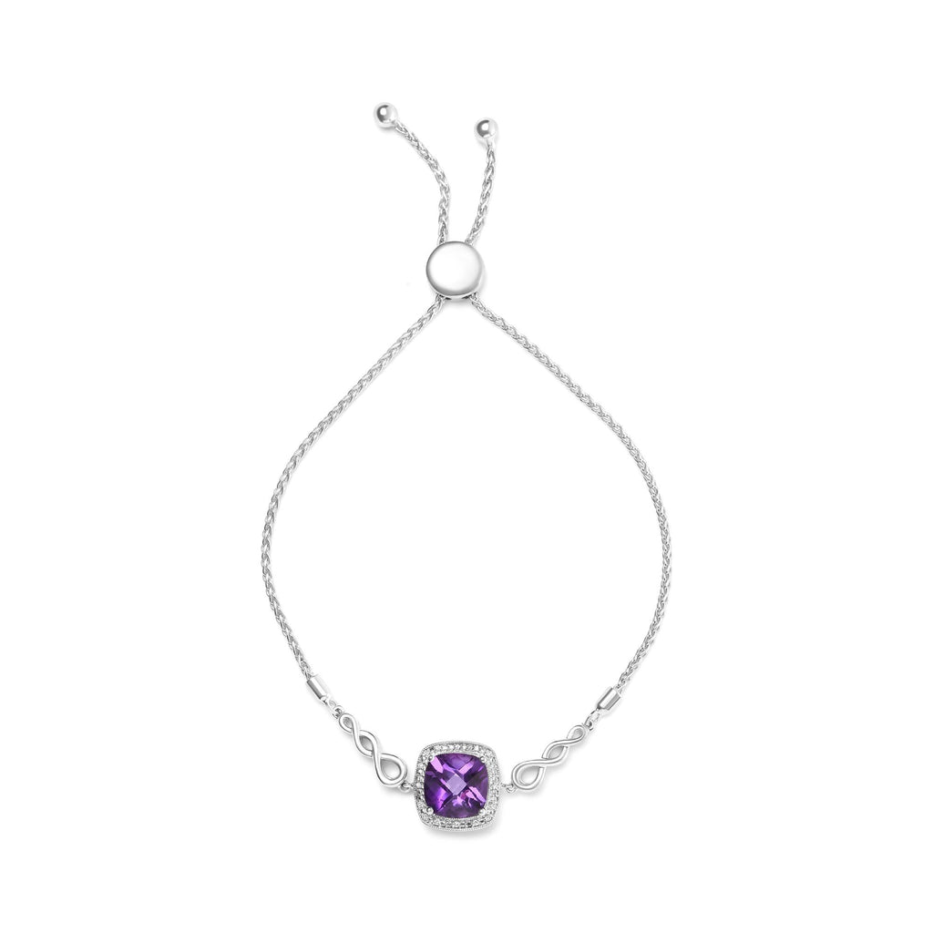 .925 Sterling Silver 10mm Cushion Cut Amethyst Gemstone and Diamond Accent Lariat 4”-10” Adjustable Bolo Bracelet (H-I Color, SI1-SI2 Clarity) - Friggin Jewelry
