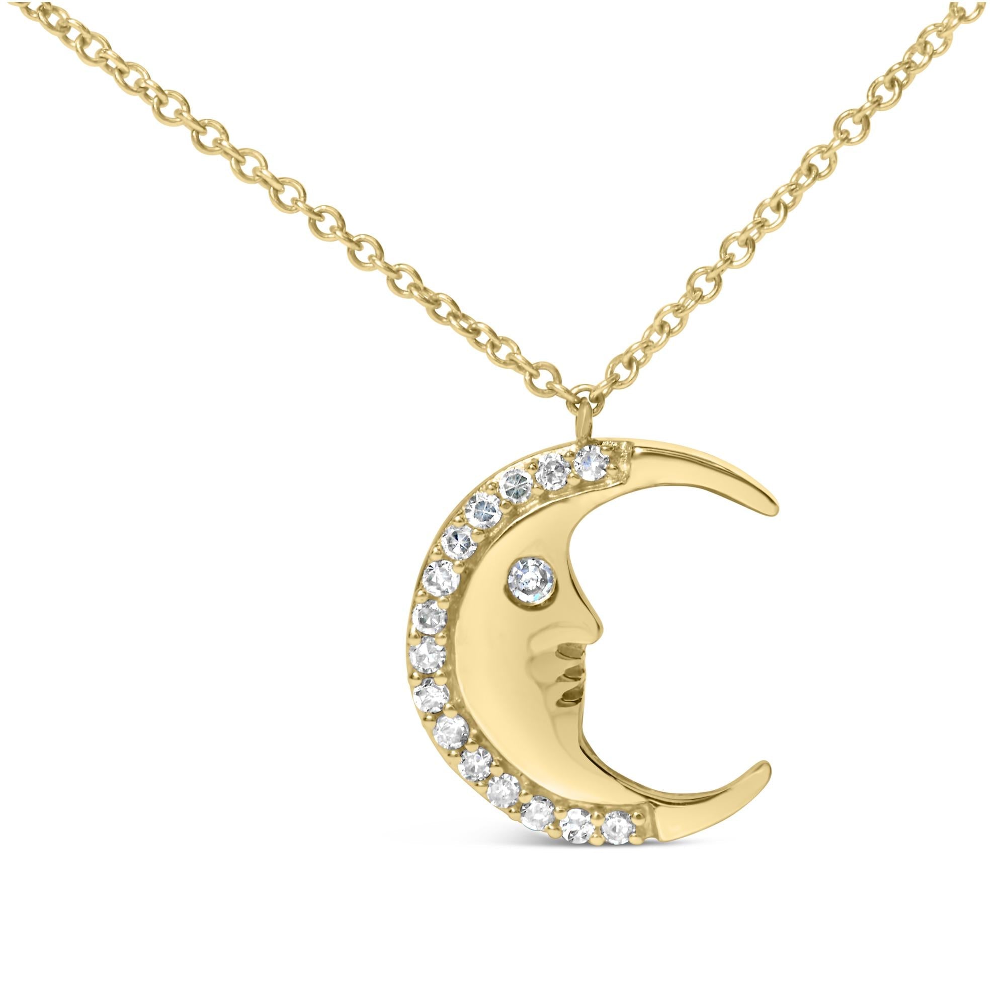 14K Yellow Gold 1/10 Cttw Diamond Crescent Man on the Moon 18" Pendant Necklace (H-I Color, SI1-SI2 Clarity) - Friggin Jewelry