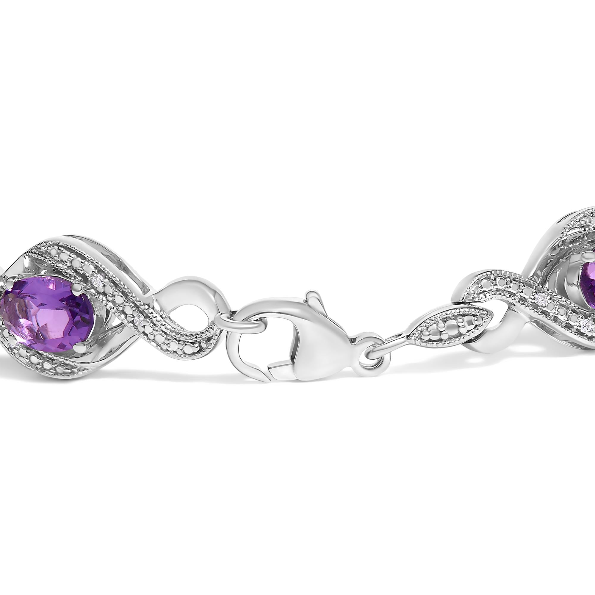 Pulsera de tenis en plata de ley 925 con diamantes redondos naturales de 1/10 ct y cruz de amatista ovalada de 7 x 5 mm (color IJ, claridad I1-I2) - 18 cm - Friggin Jewelry