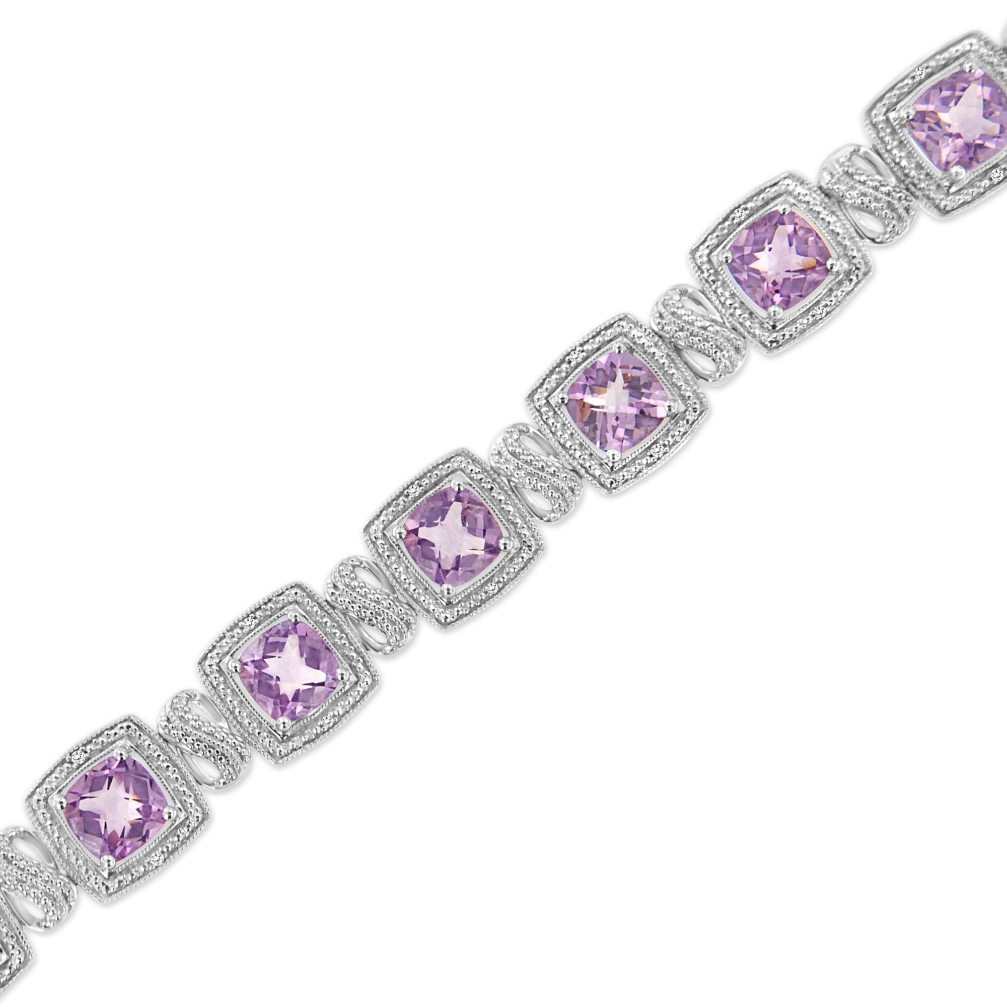 .925 Sterling Silver 7x7 mm Cushion Cut Purple Amethyst and 1/10 cttw Round Cut Diamond Square Shape Tennis Bracelet (I-J Color, I1-I2 Clarity) - 7" - Friggin Jewelry