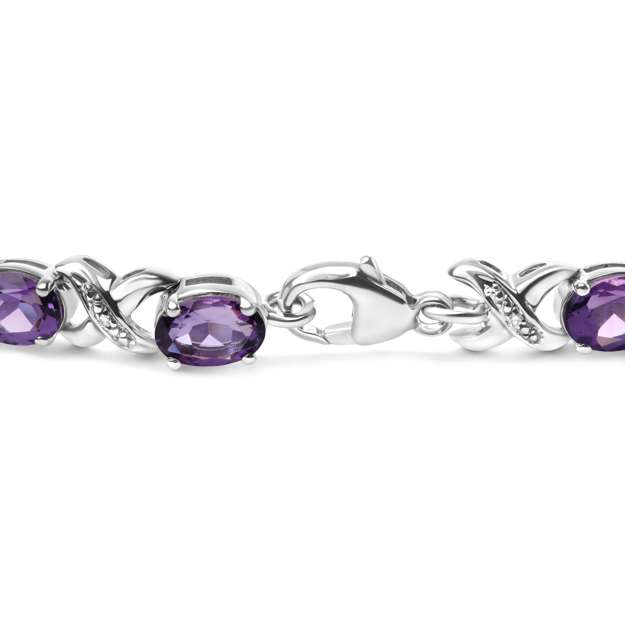 Bracciale a X in argento sterling 925 con ametista ovale da 7x5 mm e diamanti (colore HI, purezza SI1-SI2) - Misura 7" - Friggin Jewelry