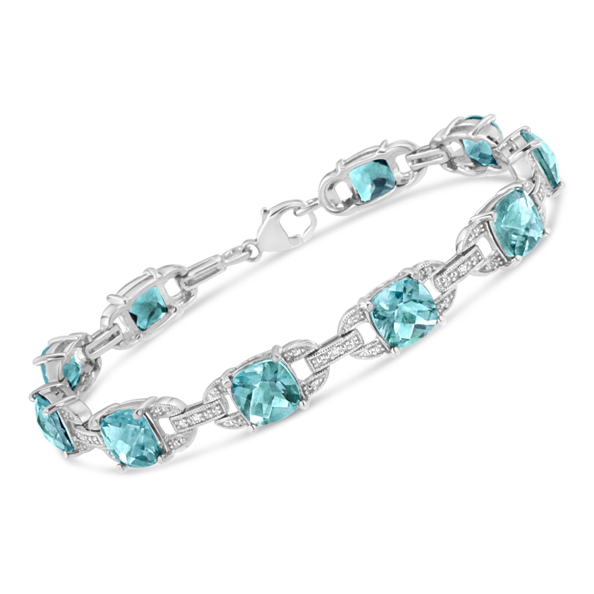 .925 Sterling Silver 7x7 mm Cushion Cut Blue Topaz and 1/20 cttw Round Cut Diamond Fashion Tennis Bracelet (I-J Color, I1-I2 Clarity) - 7" - Friggin Jewelry
