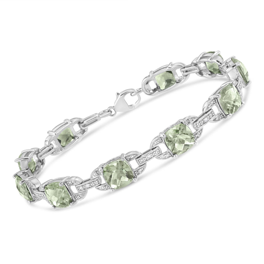 Pulsera de tenis de moda en plata de ley 925 con amatista verde de talla cojín de 7 x 7 mm y diamantes redondos de 1/20 ct (color IJ, claridad I1-I2) - 18 cm - Friggin Jewelry